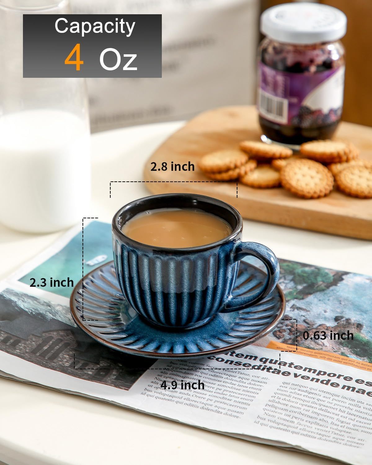 4 Oz Espresso Cups with Saucers Set of 4, Ribbed Cappuccino Cups Ceramic for Coffee,Espresso,Double shot,Latte and Macchiato, Demitasse Cups Set Aesthetic Gift, Blue