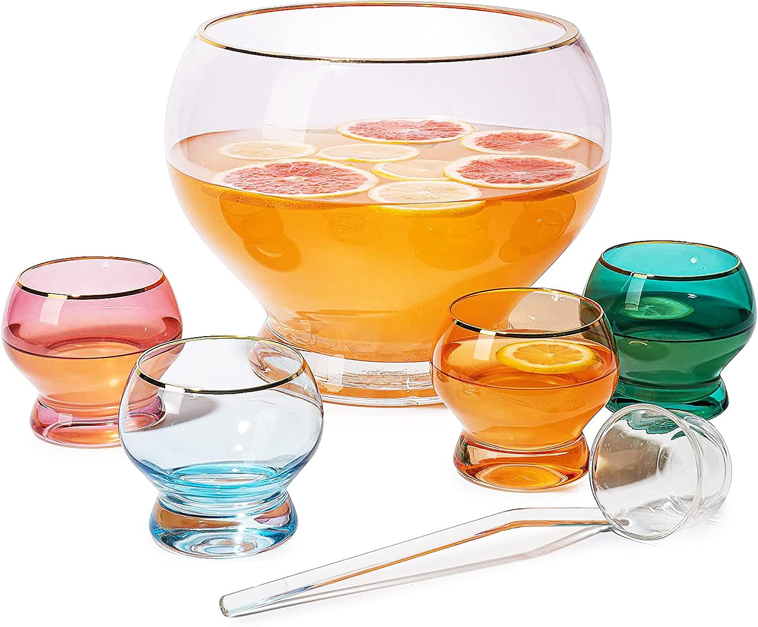 Colorful 1.7 Gallon Punch Bowl with 4 10oz Glasses Set with Ladle Gift