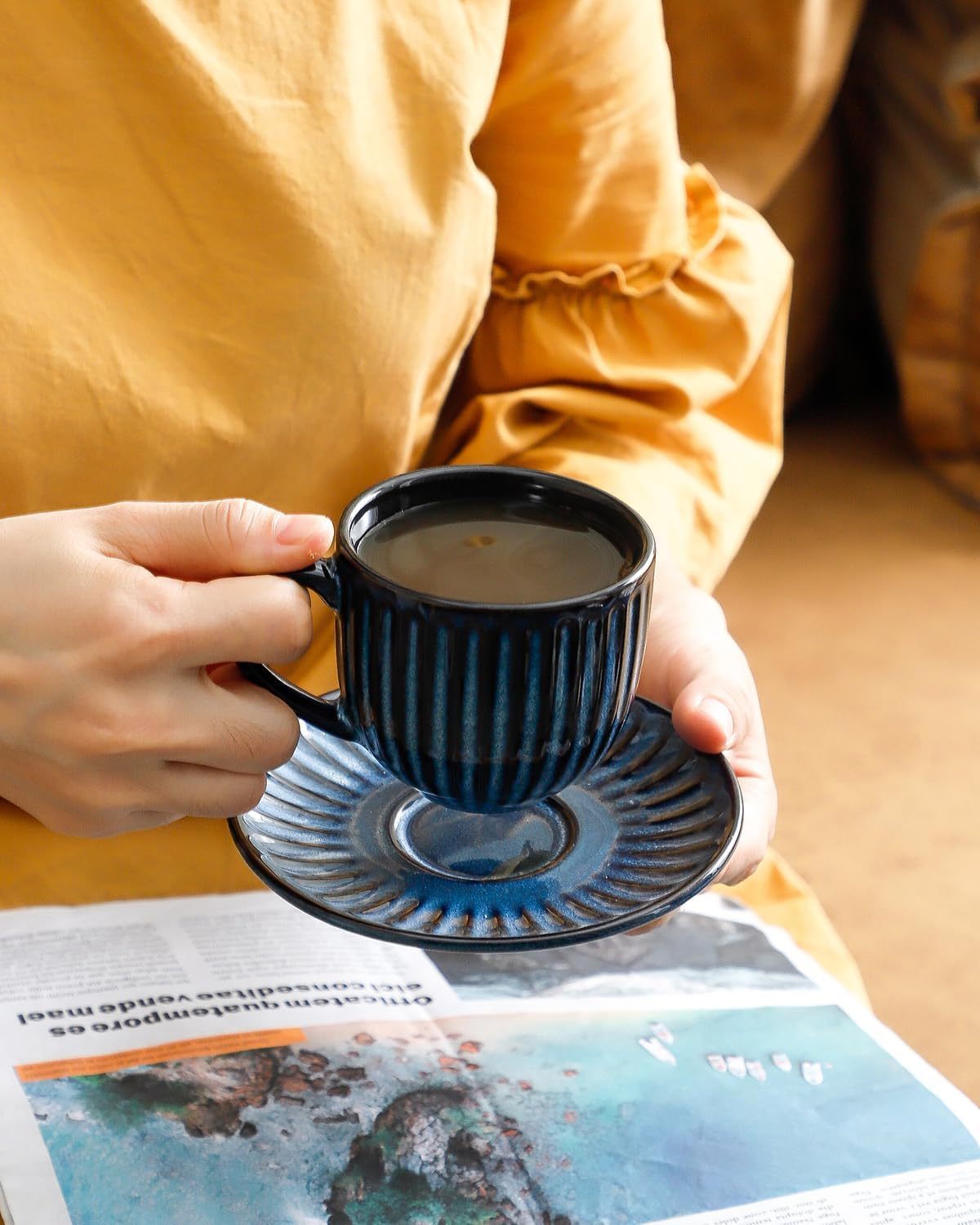 6 Oz Cappuccino Cups with Saucers Set, Ceramic Ribbed Coffee Cup Set of 6 for Coffee,Tea,Latte and Mocha, Aesthetic Gift for Anniversary or Holiday, Blue