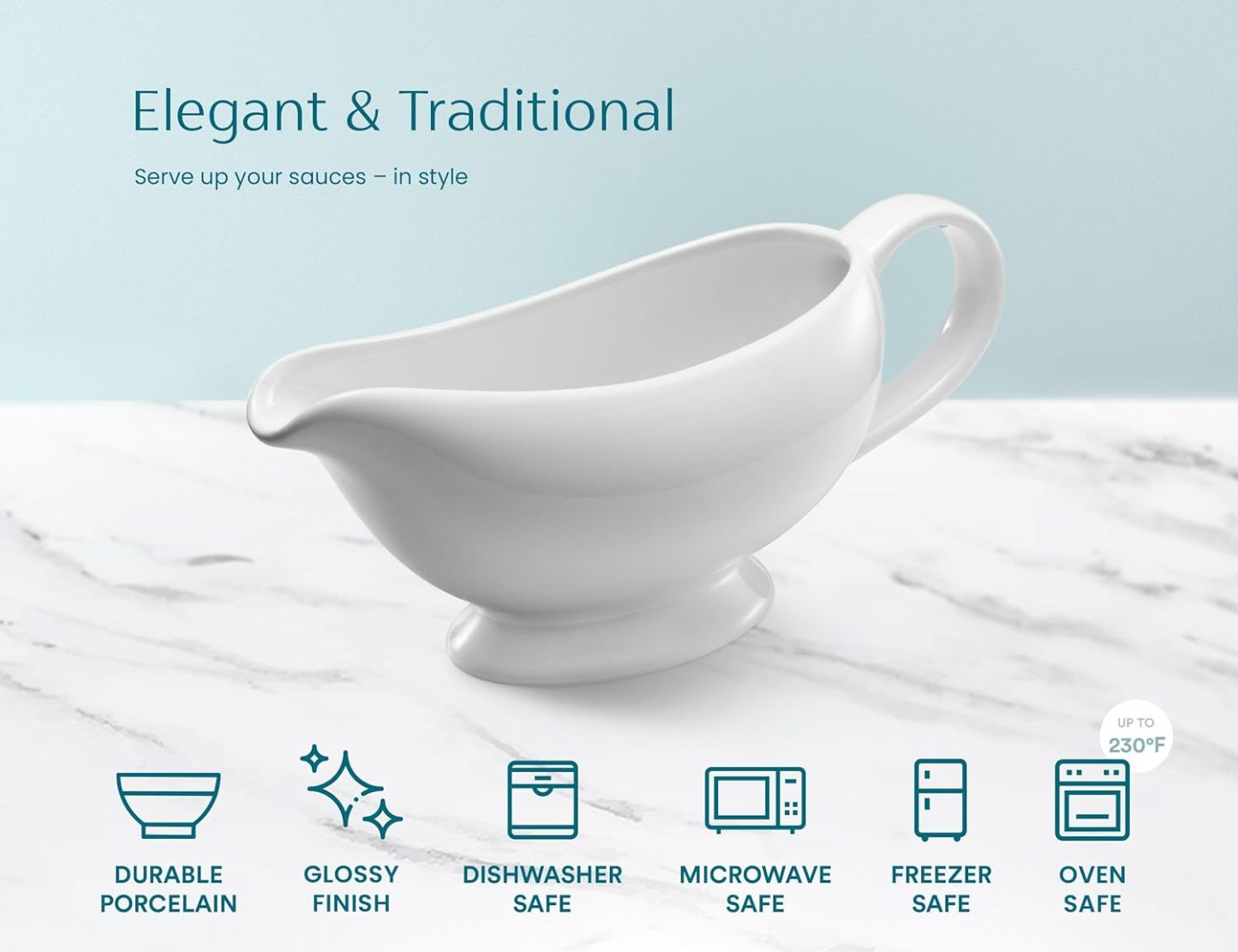 Ceramic Gravy Boat, Serving Dispenser, Porcelain Pitcher for Sauces, Dressings and Creamer, Large Handle, Microwave and Dishwasher Safe, 21 oz, White