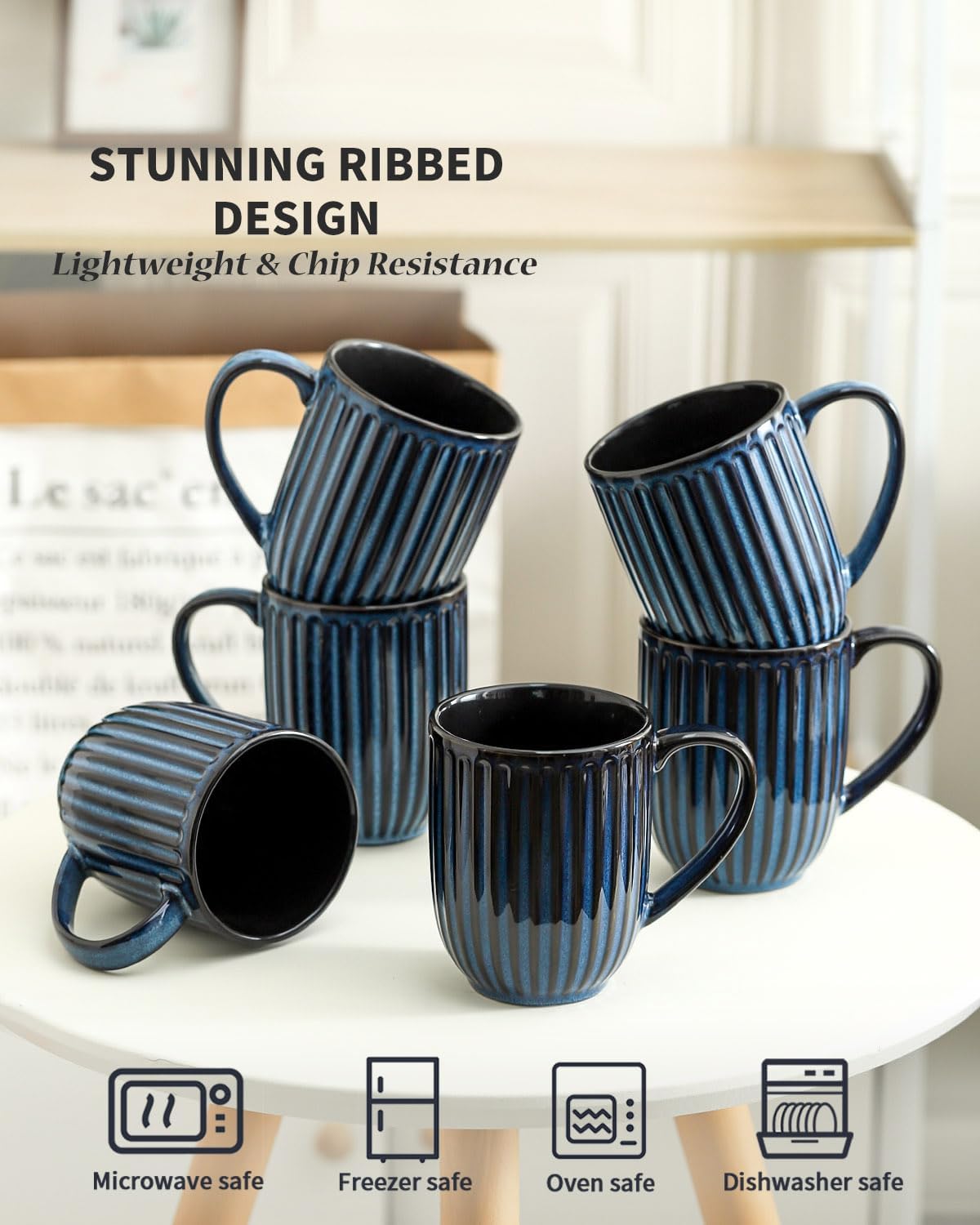 Coffee Mugs Set, 16 oz Ceramic Coffee Cups, Ribbed Tea Cup Set of 6, Latte Mugs for Tea and Cocoa, Dishwasher & Microwave Safe