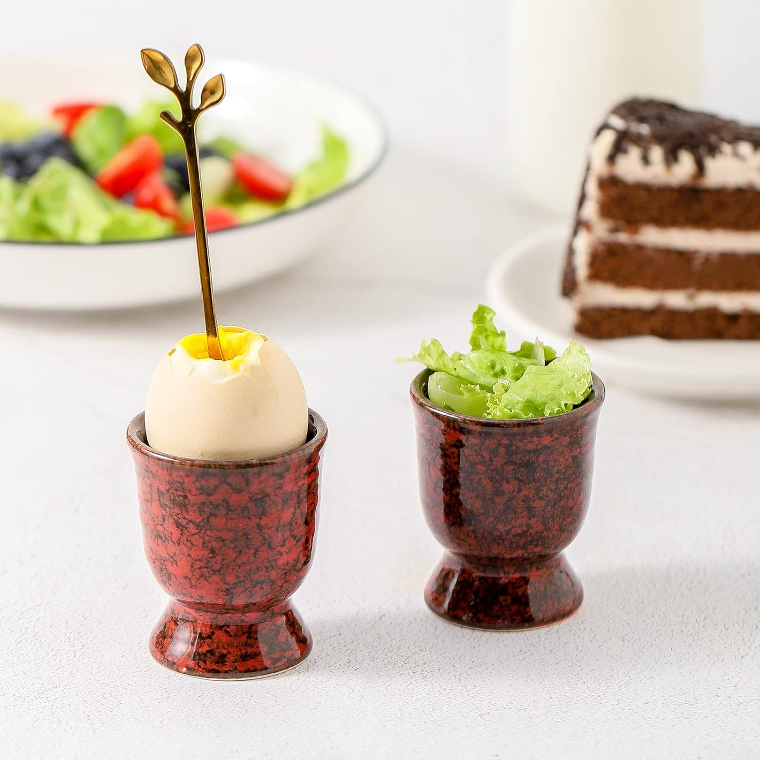 Ceramic Egg Cups for Soft Boiled Eggs, Porcelain Egg Stand Holders for Hard Boiled Eggs for Breakfast Time, Set of 2, Red