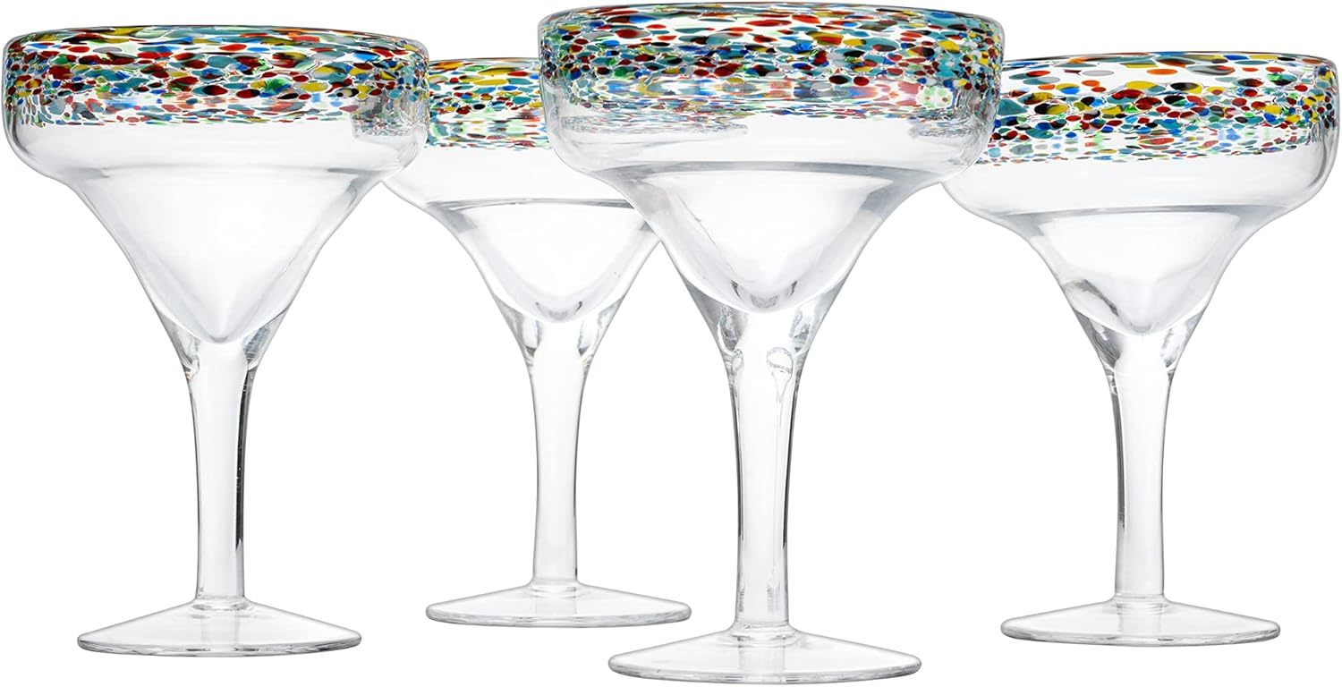 Margarita Glasses – Set of 4 - Luxury Hand Blown Confetti Margaritas, Cocktails, Water, Wine, Dessert, Martini & Champagne Cinco de Mayo