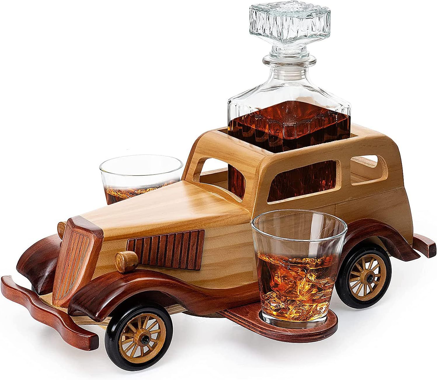 Vintage Car Decanter Set, Large Bar Centerpiece - 750ml Decanter + 2 Shot Glasses, Whiskey