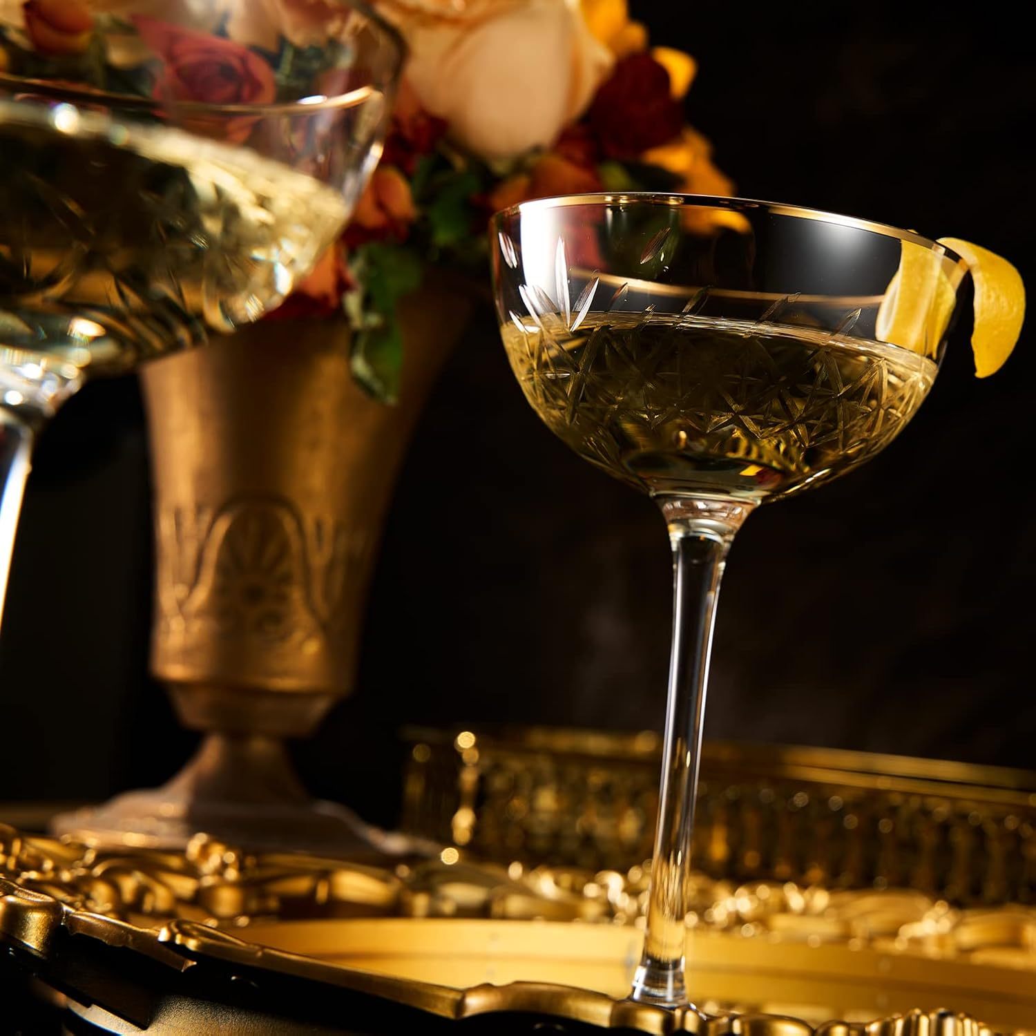 Vintage Art Deco Luxury Coupe Glasses, Cocktails, Martini, Margarita, In Premium Gift Box 24K Gold Rim | Set of 2