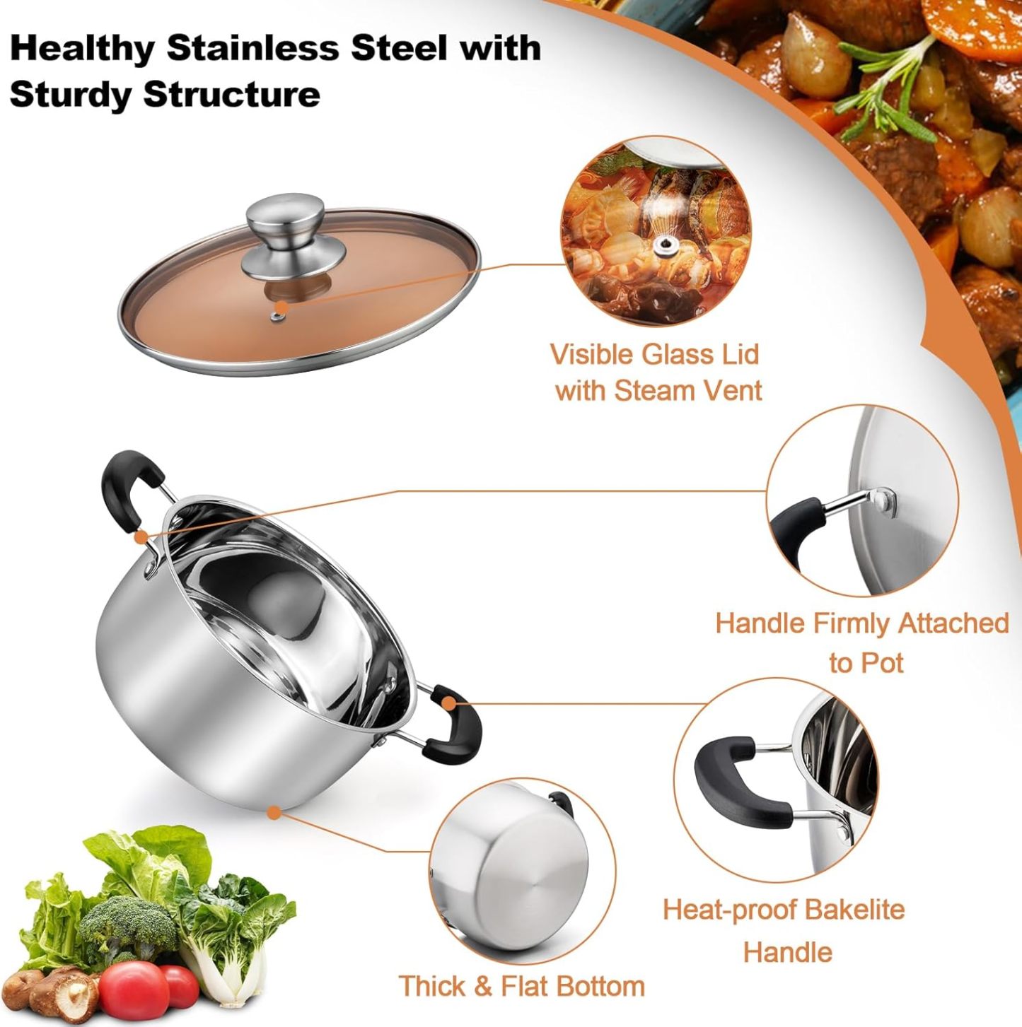 Stainless Steel Stock Soup Pasta Pot with Lid, Double Heatproof Handles, Non Toxic & Healthy, Easy Clean & Dishwasher Safe