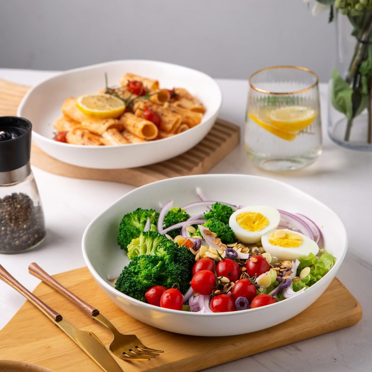 9.75'' Speckled Large Ceramic Pasta Bowls, 38oz Stoneware Bowls Set of 6, Oven, Microwave&Dishwasher Safe Bowls with Wavy Rim for Fruit Pasta Salad Meal, Matte Speckled White