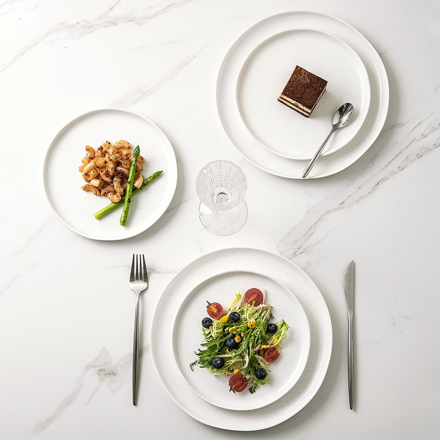 Ceramic Plates Set of 4, 8.5 In Handcrafted Wavy Rim Dish Set, Dessert, Salad, Appetizer, Small Dinner Plates, Microwave, Dishwasher Safe, Scratch Resistant - Matte Speckled White