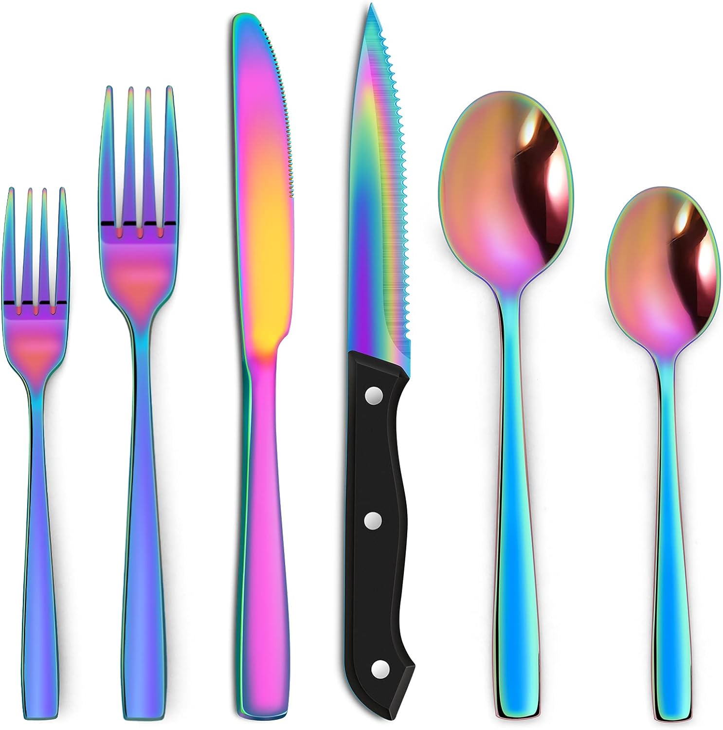 48 Pieces Rainbow Silverware Set with Steak Knives for 8, Stainless Steel Flatware Cutlery Set For Home Kitchen Restaurant, Dishwasher Safe