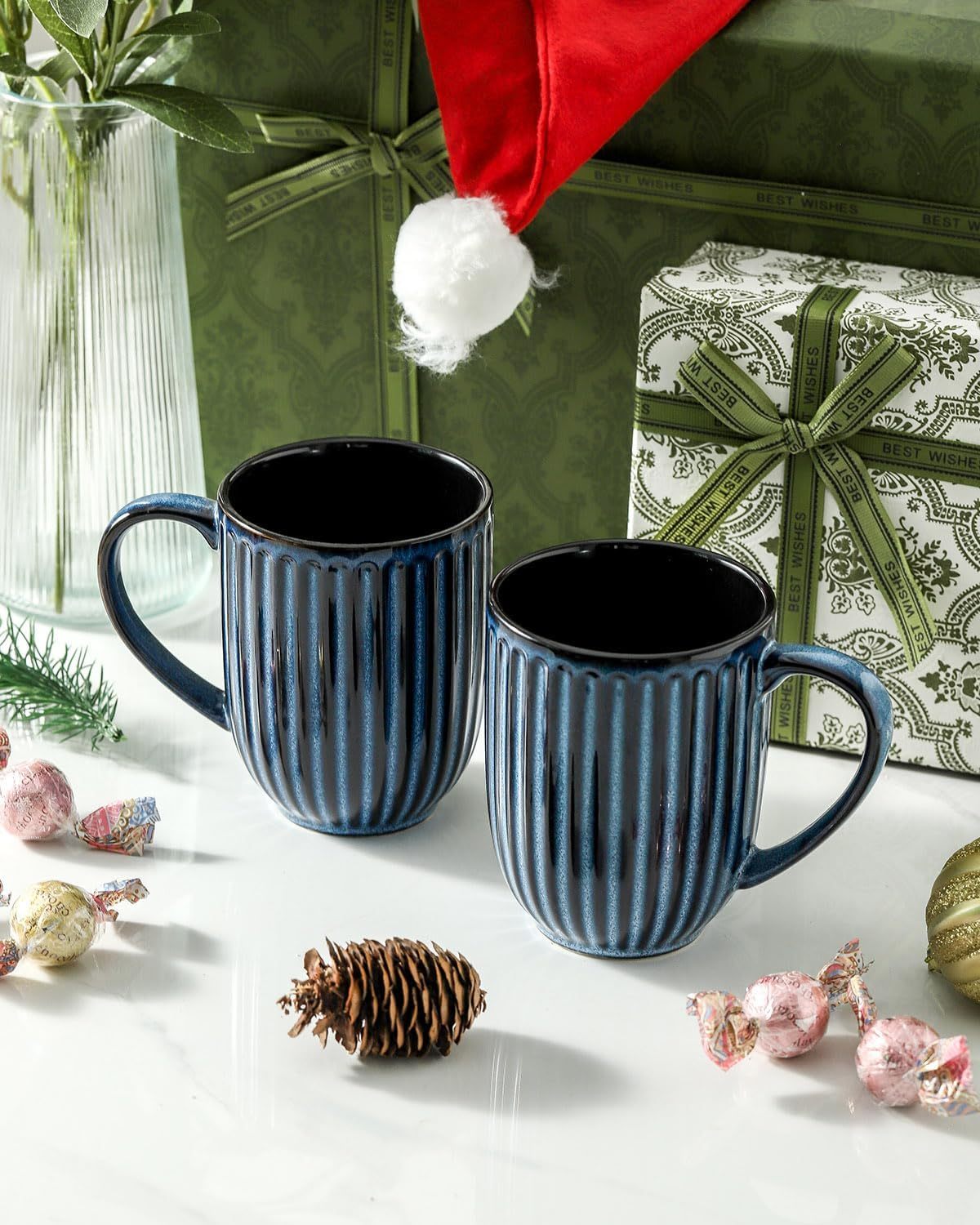 Coffee Mugs Set, 16 oz Ceramic Coffee Cups, Ribbed Tea Cup Set of 6, Latte Mugs for Tea and Cocoa, Dishwasher & Microwave Safe