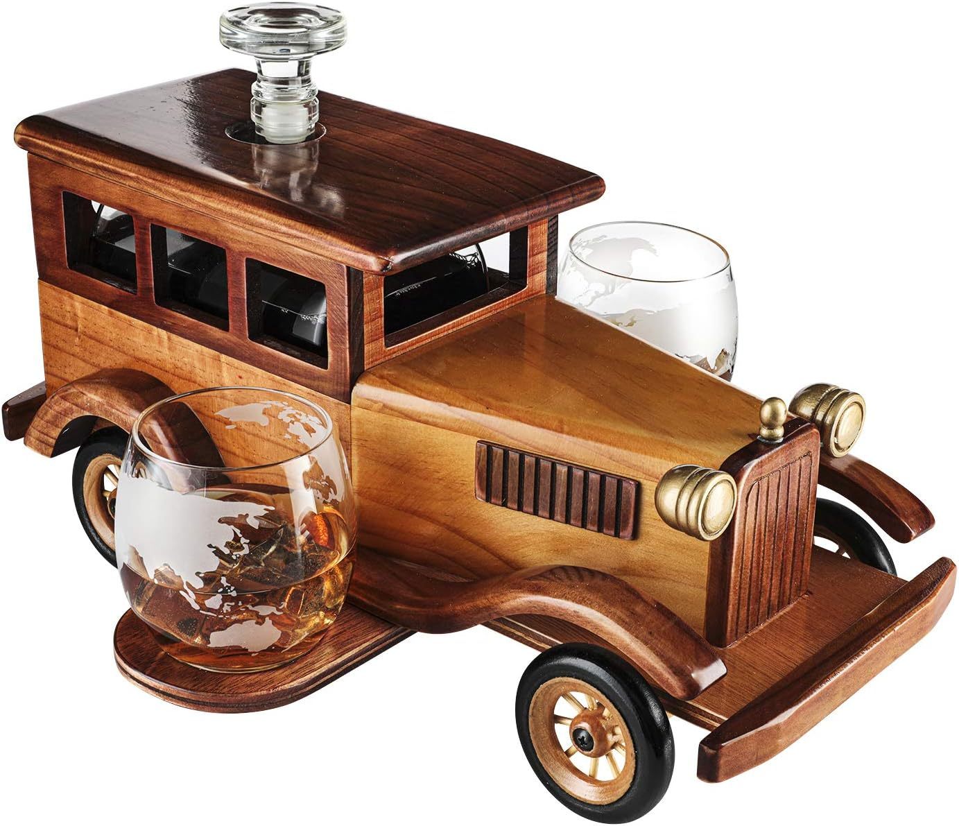 Old Fashioned Car Whiskey Decanter Set, Very Large 15" x 13" x 7" 750ml Decanter Spigot, and 2-10oz Whiskey Tumbler Old Fashion Glasses
