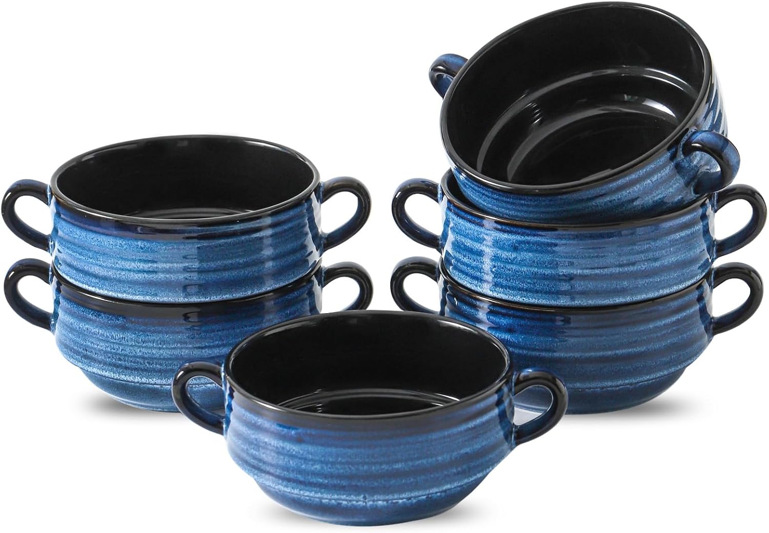 Soup Bowls, 24oz French Onion Soup Bowls with Handle Set of 6, Serving Soup Crock for Stew, Pasta, Chili, Stackable Oven Safe Bowls, Microwave Dishwasher Safe, Blue