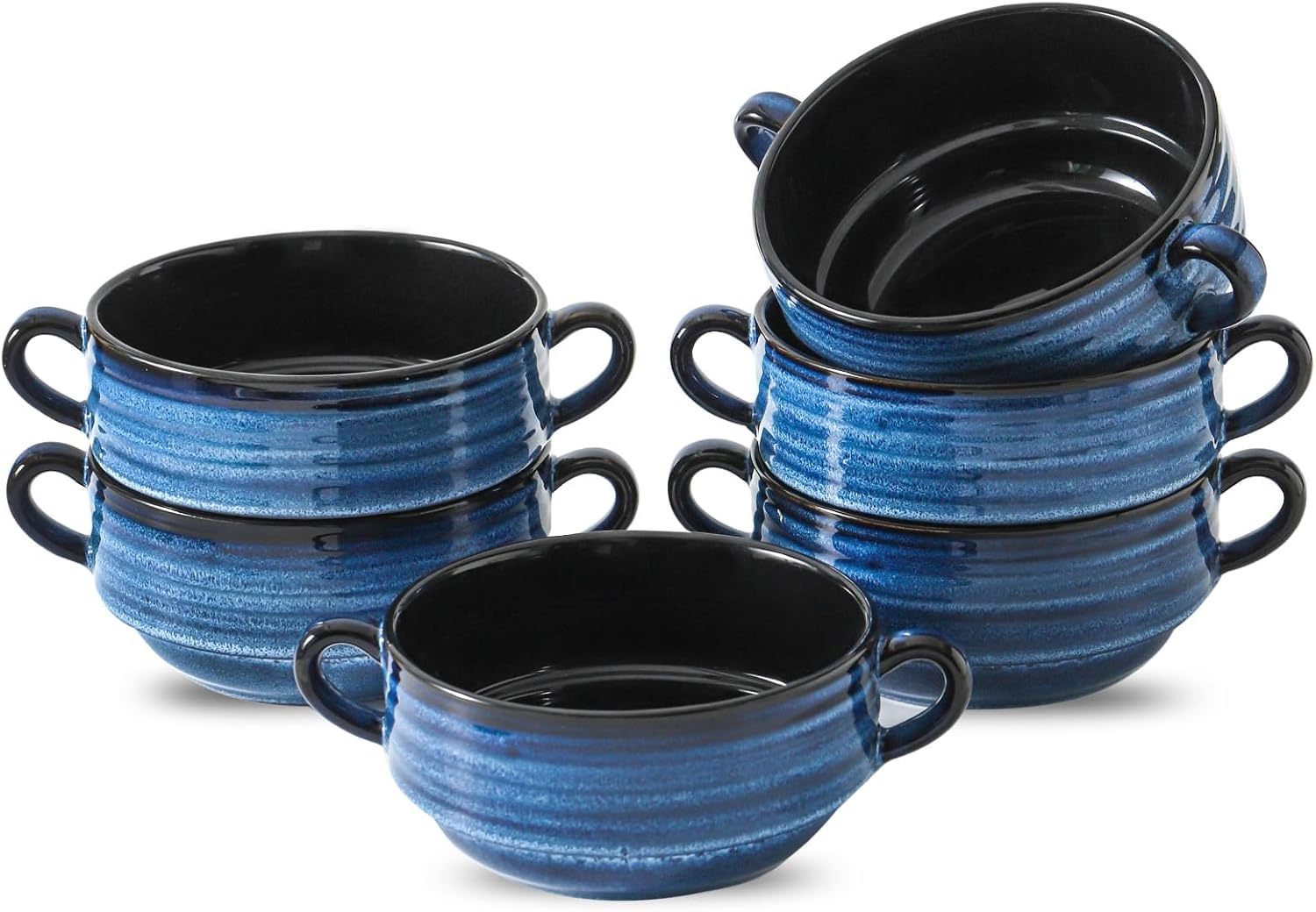 Soup Bowls, 24oz French Onion Soup Bowls with Handle Set of 6, Serving Soup Crock for Stew, Pasta, Chili, Stackable Oven Safe Bowls, Microwave Dishwasher Safe, Blue