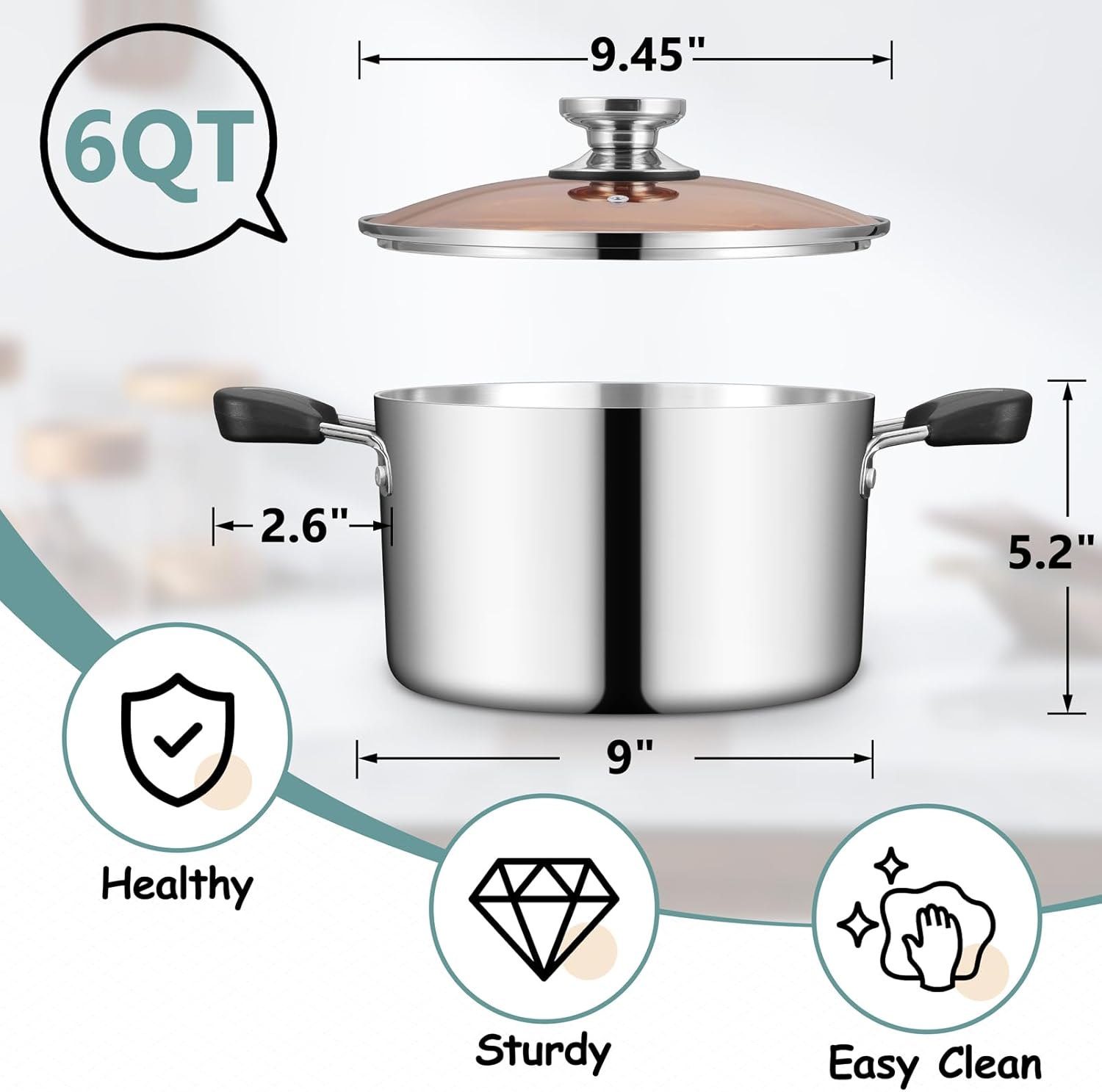 Stainless Steel Tri-ply Pasta Cooking Pot & Glass Lid with Heat-proof Handles, for Cooking Baking Boiling, Non-toxic & Heavy Duty, Various Stovetops & Dishwasher Safe
