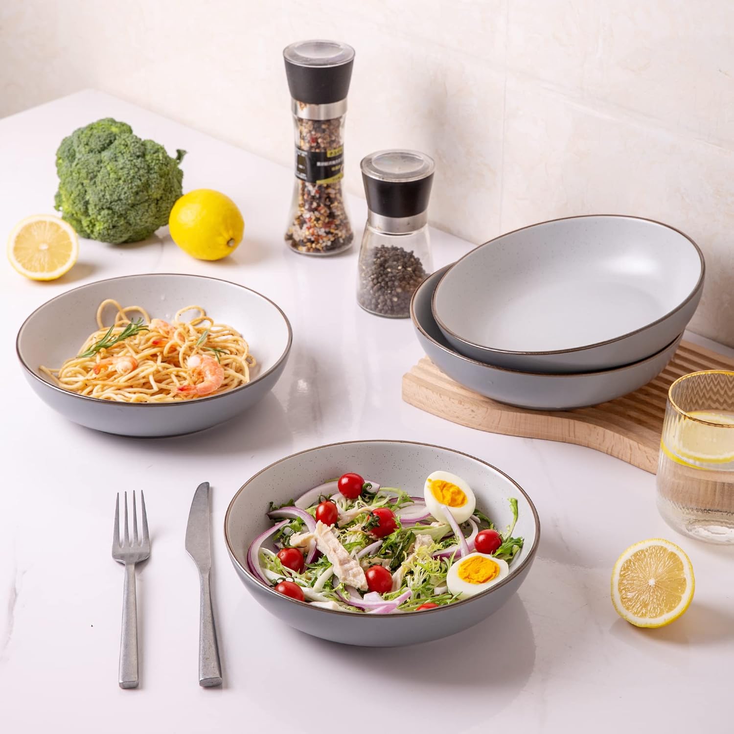 8.5'' Stoneware Pasta Bowls, 32oz Large Speckled Bowls Set of 4 for Kitchen, Wide & Flat Bowls for Pasta,Salad,Oatmeal, Microwave&Dishwasher Safe, Matte Gray