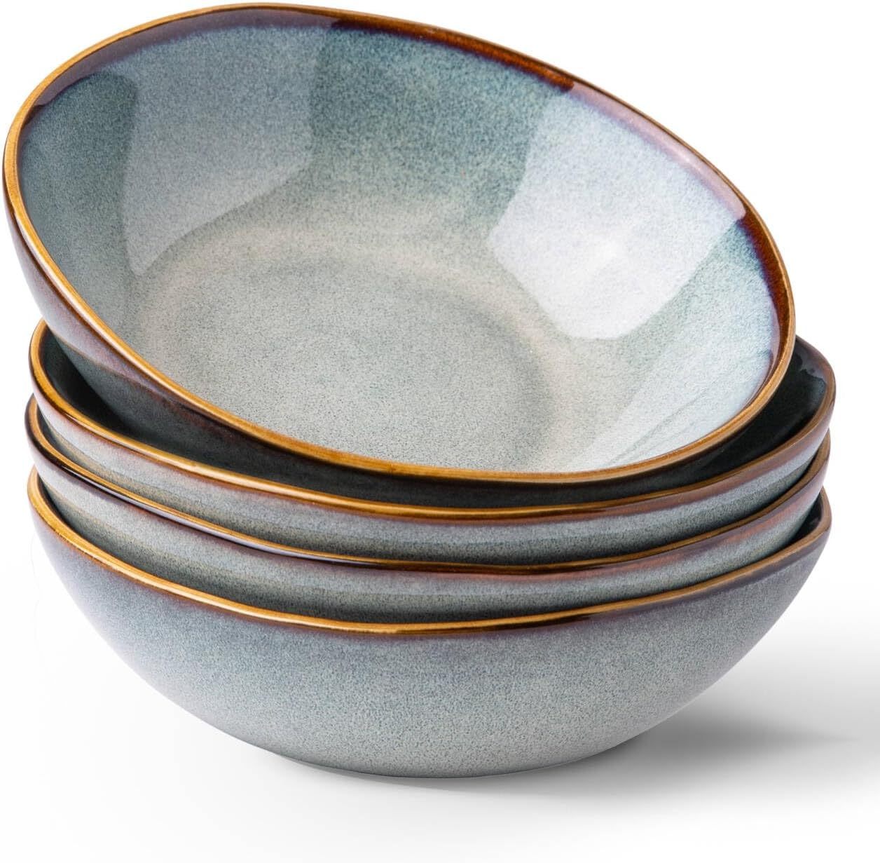 Ceramic Cereal Bowls Set of 4, 24 oz Handmade Stoneware Bowls for Cereal Soup Salad Bread, Stylish Kitchen Bowls for Meal, Dishwasher & Microwave Safe, Greenish Blue
