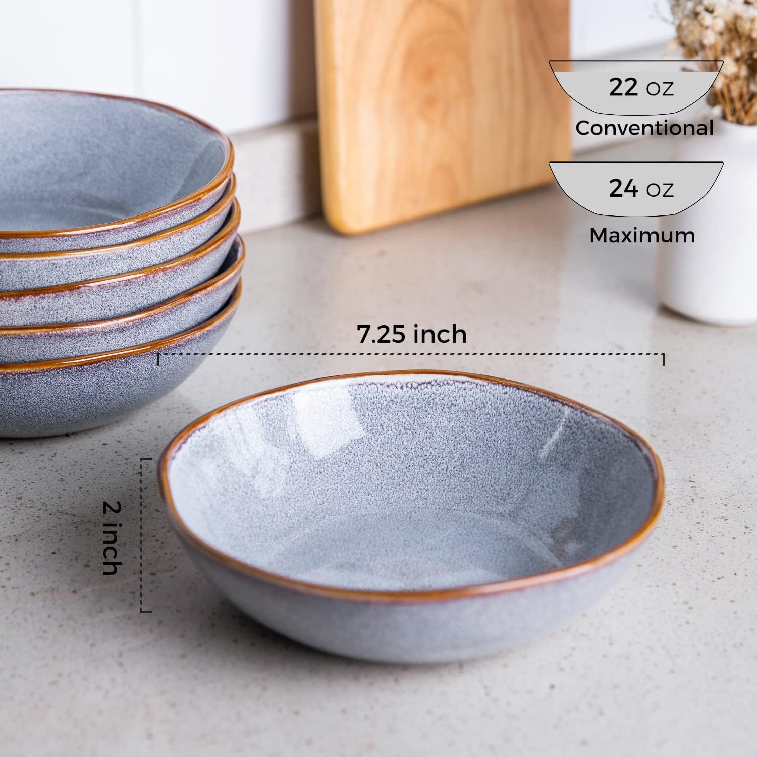 Ceramic Cereal Bowls Set of 6, 24 oz Handmade Stoneware Bowls Set for Cereal Soup Salad, Stylish Kitchen bowls for Meal, Dishwasher & Microwave Safe, Reactive Glaze Gray Blue