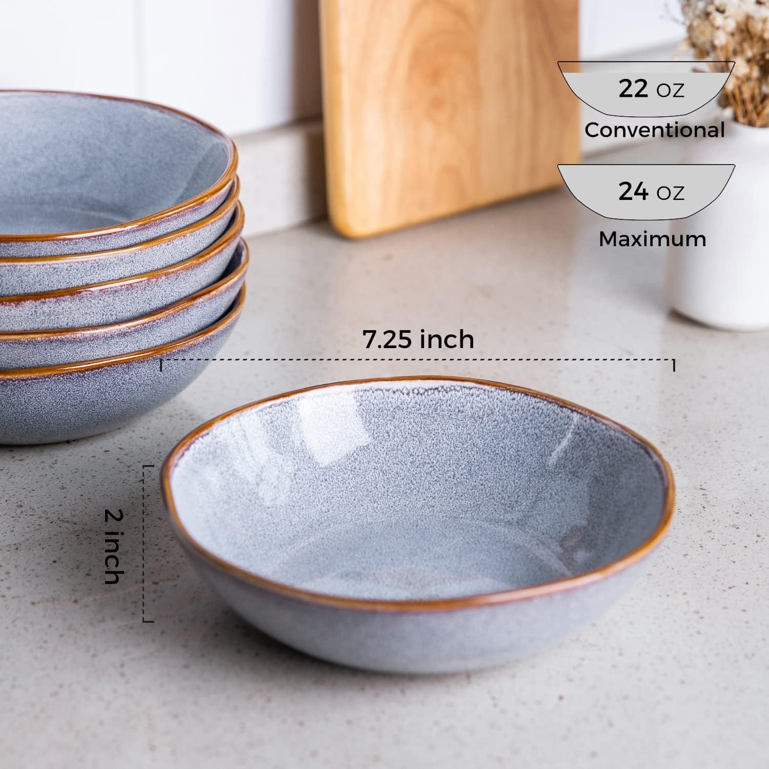 Ceramic Cereal Bowls Set of 6, 24 oz Handmade Stoneware Bowls Set for Cereal Soup Salad, Stylish Kitchen bowls for Meal, Dishwasher & Microwave Safe, Reactive Glaze Gray Blue