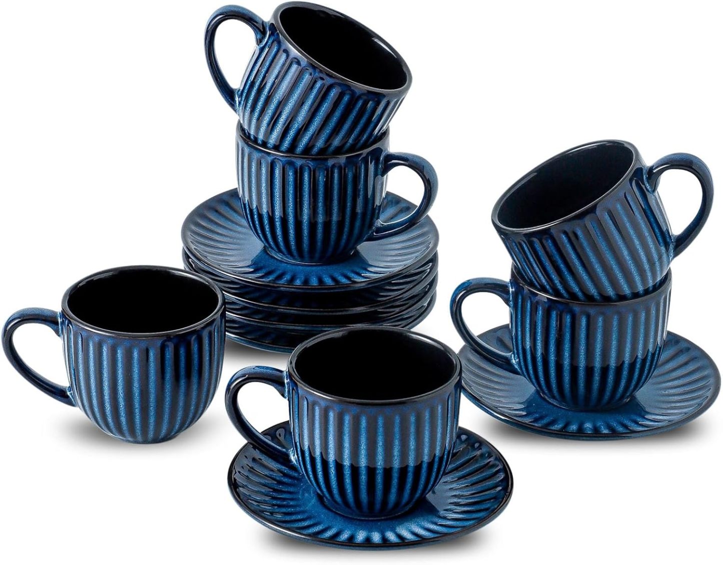 6 Oz Cappuccino Cups with Saucers Set, Ceramic Ribbed Coffee Cup Set of 6 for Coffee,Tea,Latte and Mocha, Aesthetic Gift for Anniversary or Holiday, Blue