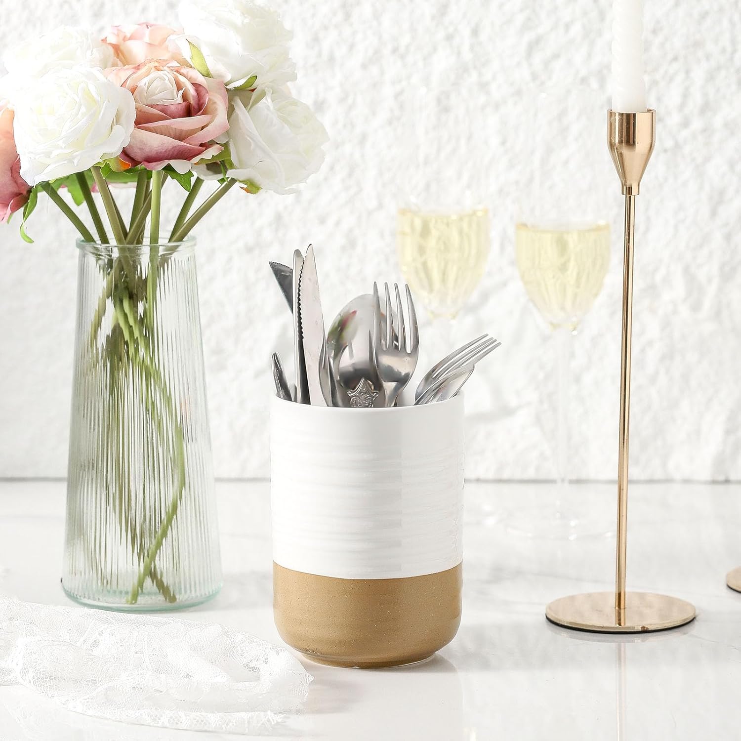 Ceramic Utensil Holder for Counter, 7.4"+5.5" Large Kitchen Utensil Organizer for Kitchen Utensil, White Cooking Utensil Crock to Hold Spatulas, Farmhouse Decor, Set of 2