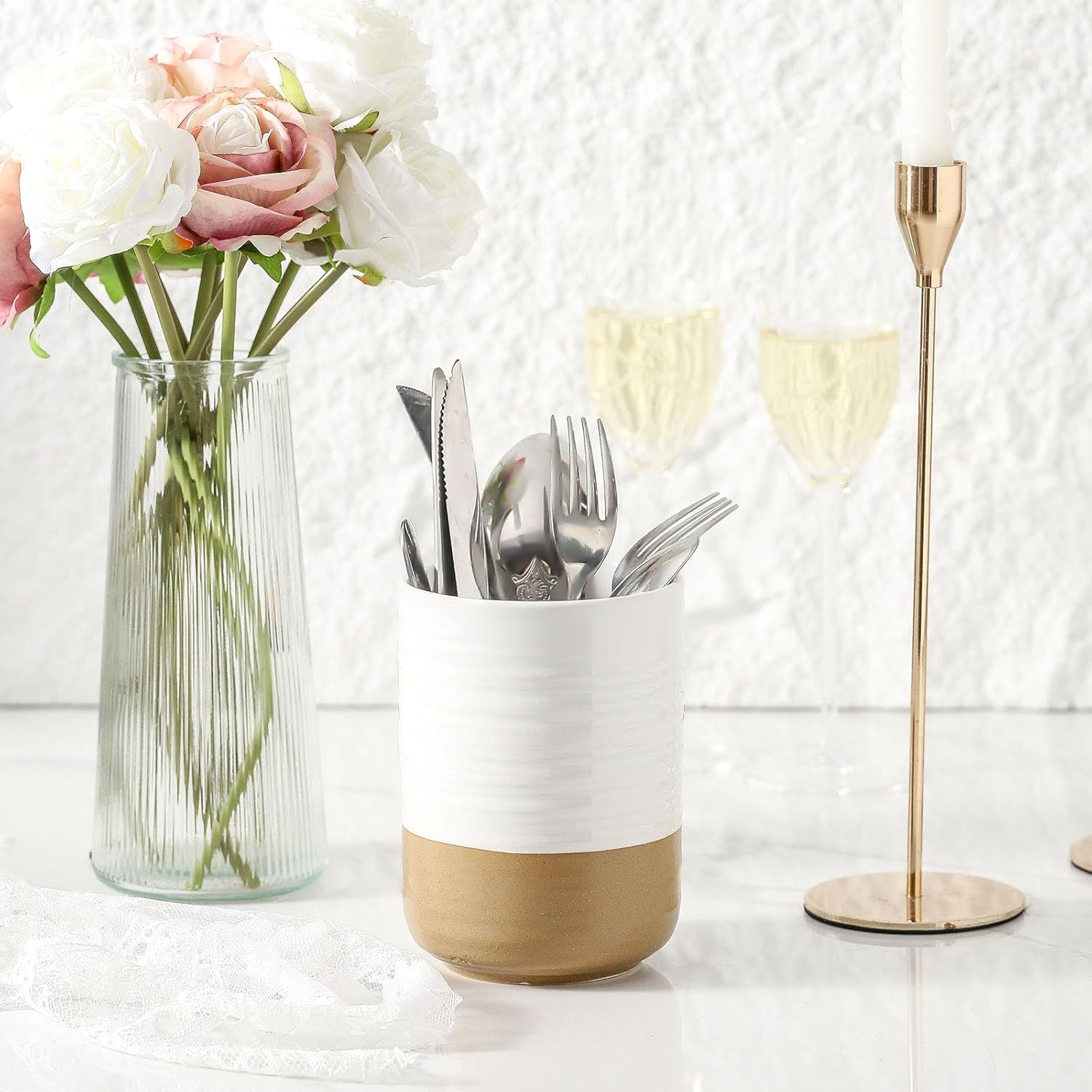 Ceramic Utensil Holder for Counter, 7.4"+5.5" Large Kitchen Utensil Organizer for Kitchen Utensil, White Cooking Utensil Crock to Hold Spatulas, Farmhouse Decor, Set of 2