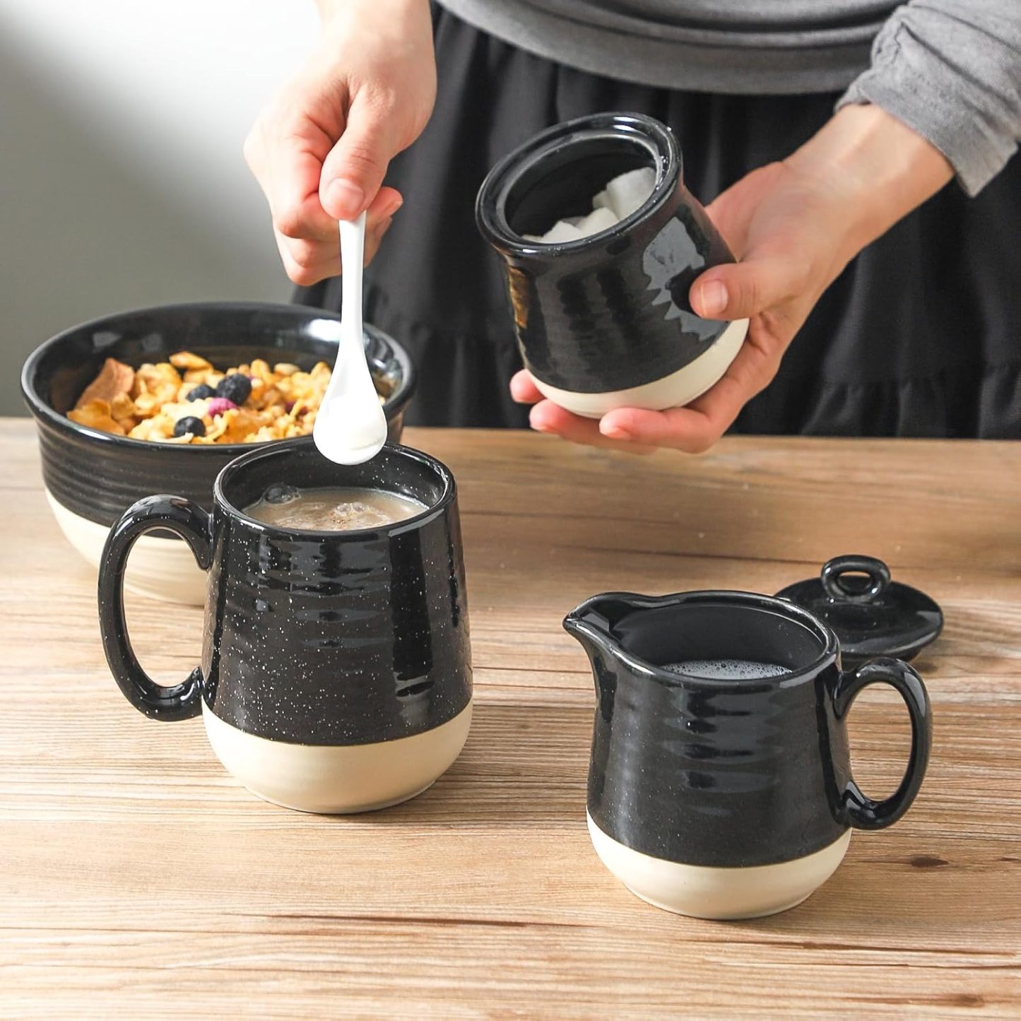 Sugar and Creamer Set, 3 Piece Porcelain Coffee Serving Set with Cream Pitcher, Sugar Bowl, Lid & Spoon, 10 Ounce Creamer Container and Sugar Pot