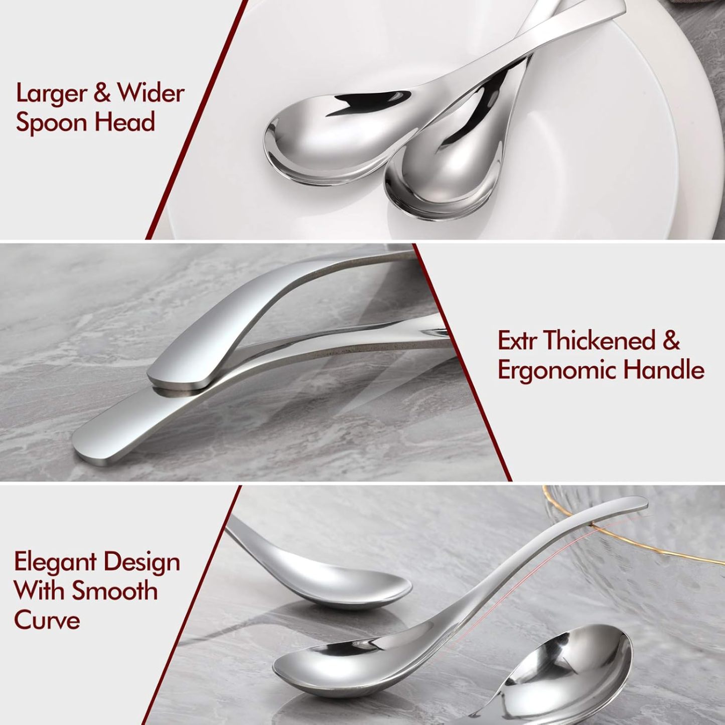 Thick Heavy-weight Soup Spoons, High Grade Stainless Steel Soup Spoons, Table Spoons, Set of 6