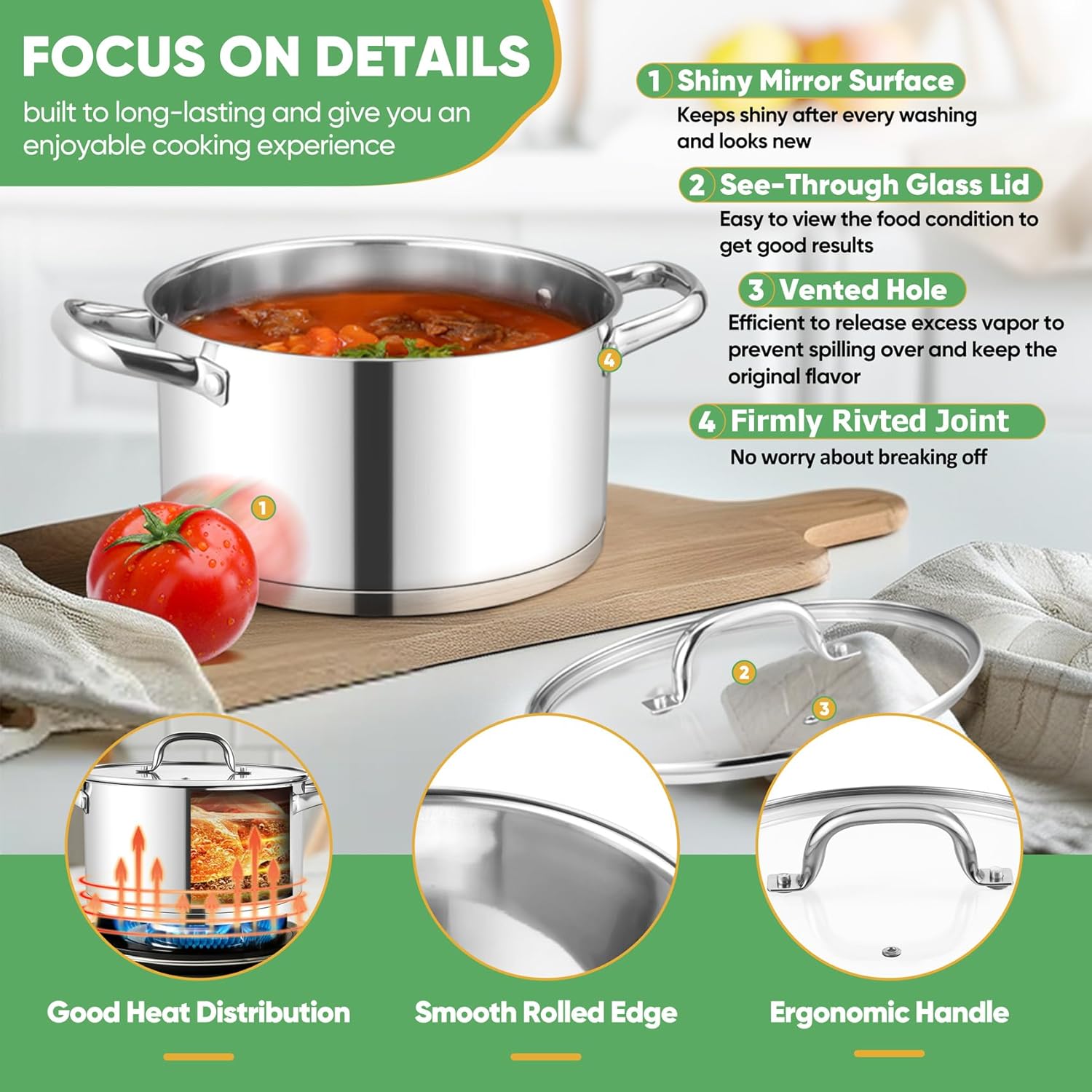 Tri-ply Base Stockpot Cooking Pasta Pot with Lid, for Induction Gas Glass Electric, Healthy & Heavy Duty, Ergonomic Handles & Straight Side, Dishwasher Safe