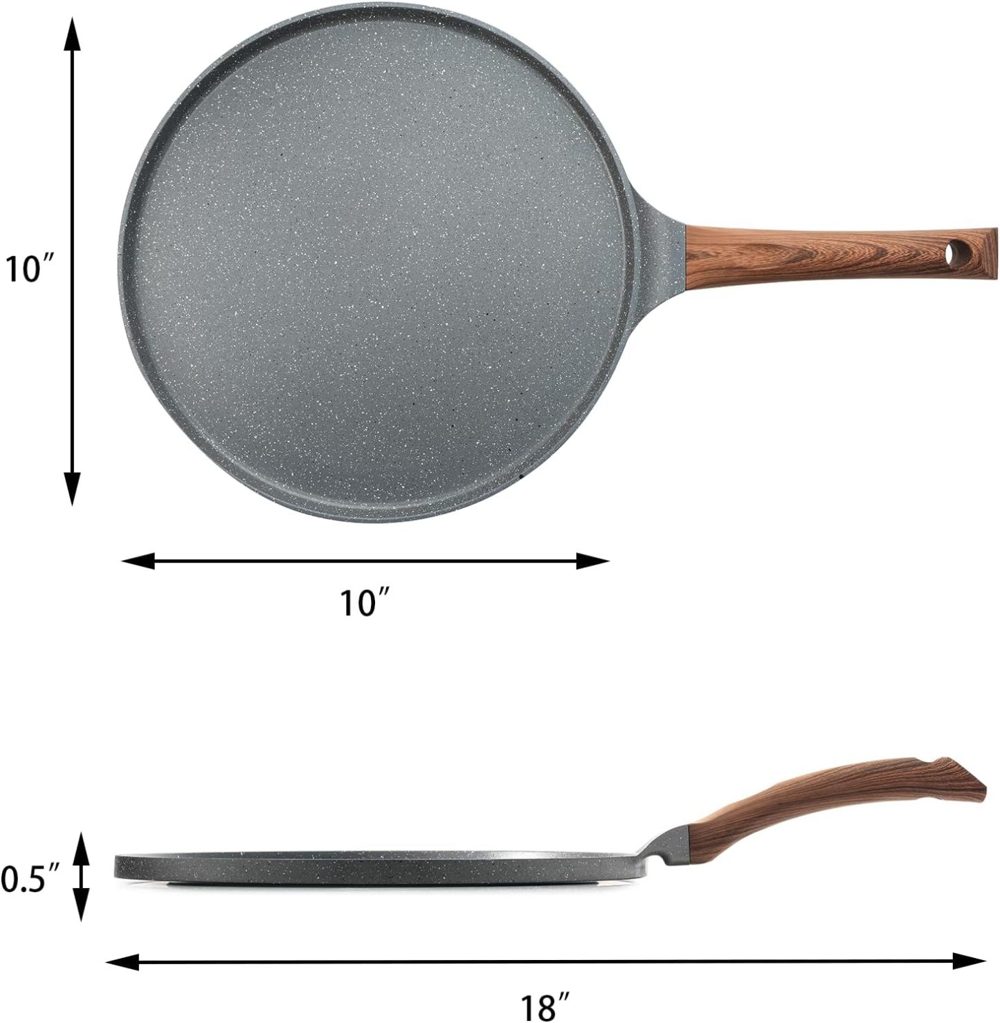 Nonstick Crepe Pan, Swiss Granite Coating Dosa Pan Pancake Flat Skillet Tawa Griddle 10-Inch with Stay-Cool Handle, Induction Compatible, PFOA Free