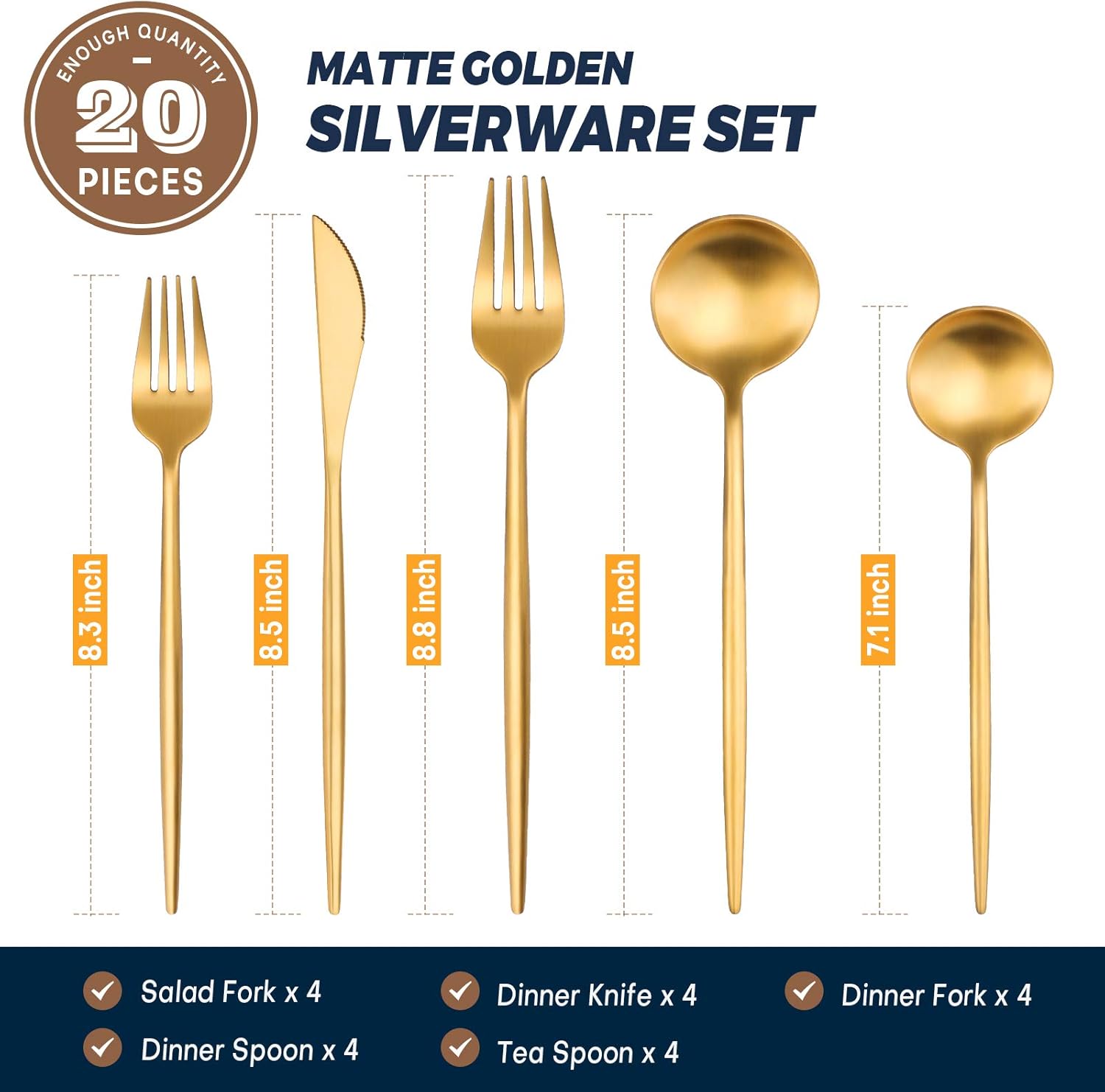 Luxury Matte Gold Silverware Set, 20-Piece 18/8 Stainless Steel Flatware Sets for 4, Dishwasher Safe
