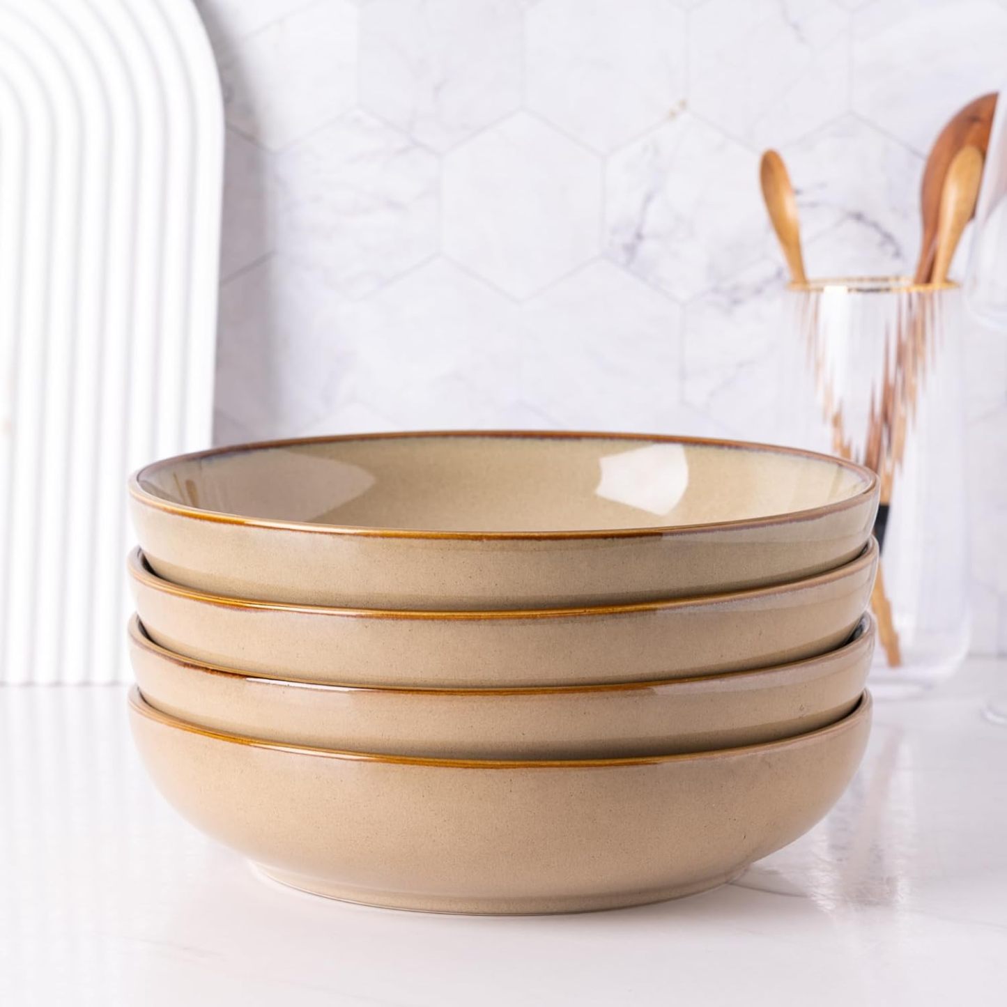 8.5'' Large Pasta Bowls, 36oz Ceramic Pasta Serving Bowls Set of 4 for Kitchen, Wide Bowls for Pasta,Salad,Oatmeal, Microwave Safe, Reactive Glaze-Latte