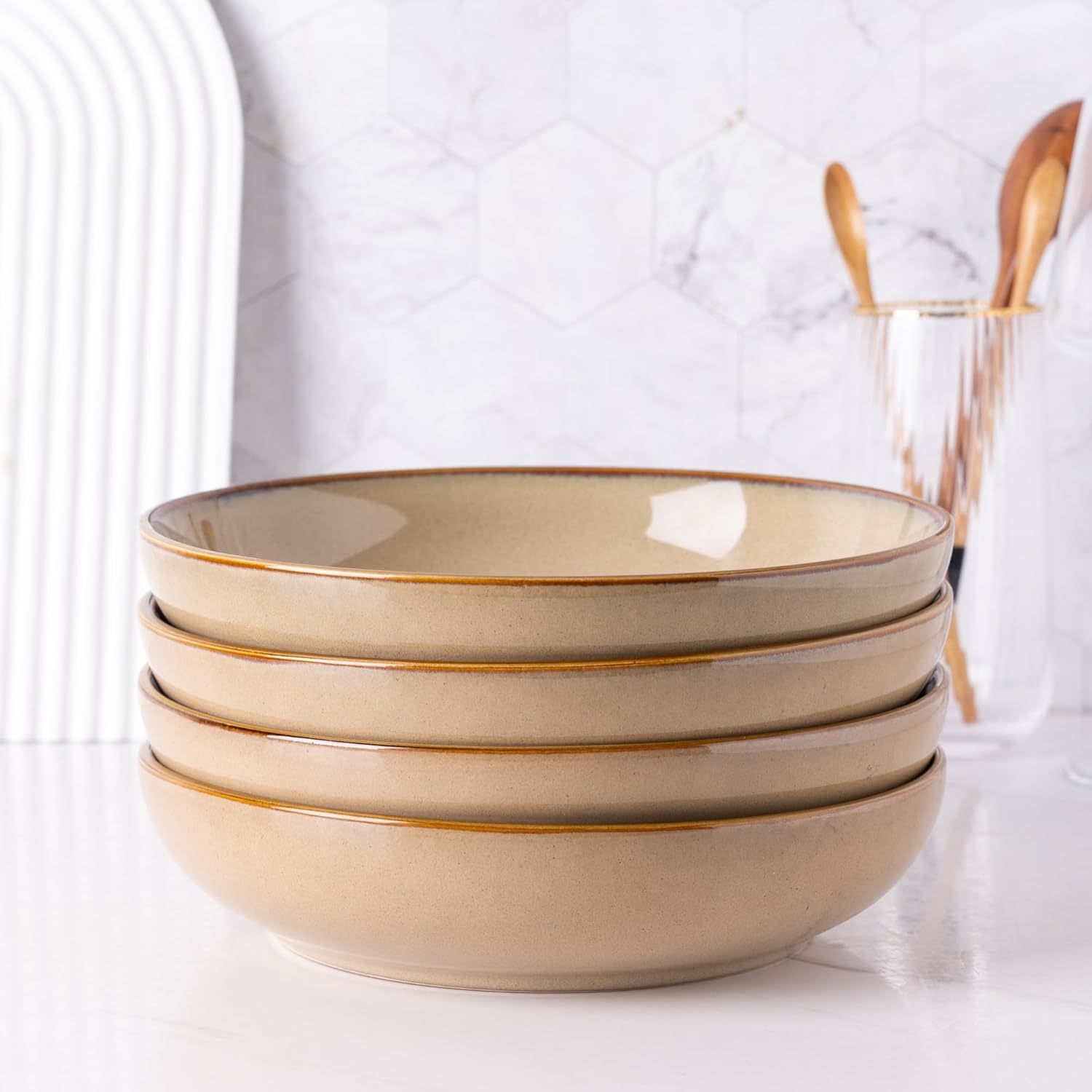 8.5'' Large Pasta Bowls, 36oz Ceramic Pasta Serving Bowls Set of 4 for Kitchen, Wide Bowls for Pasta,Salad,Oatmeal, Microwave Safe, Reactive Glaze-Latte