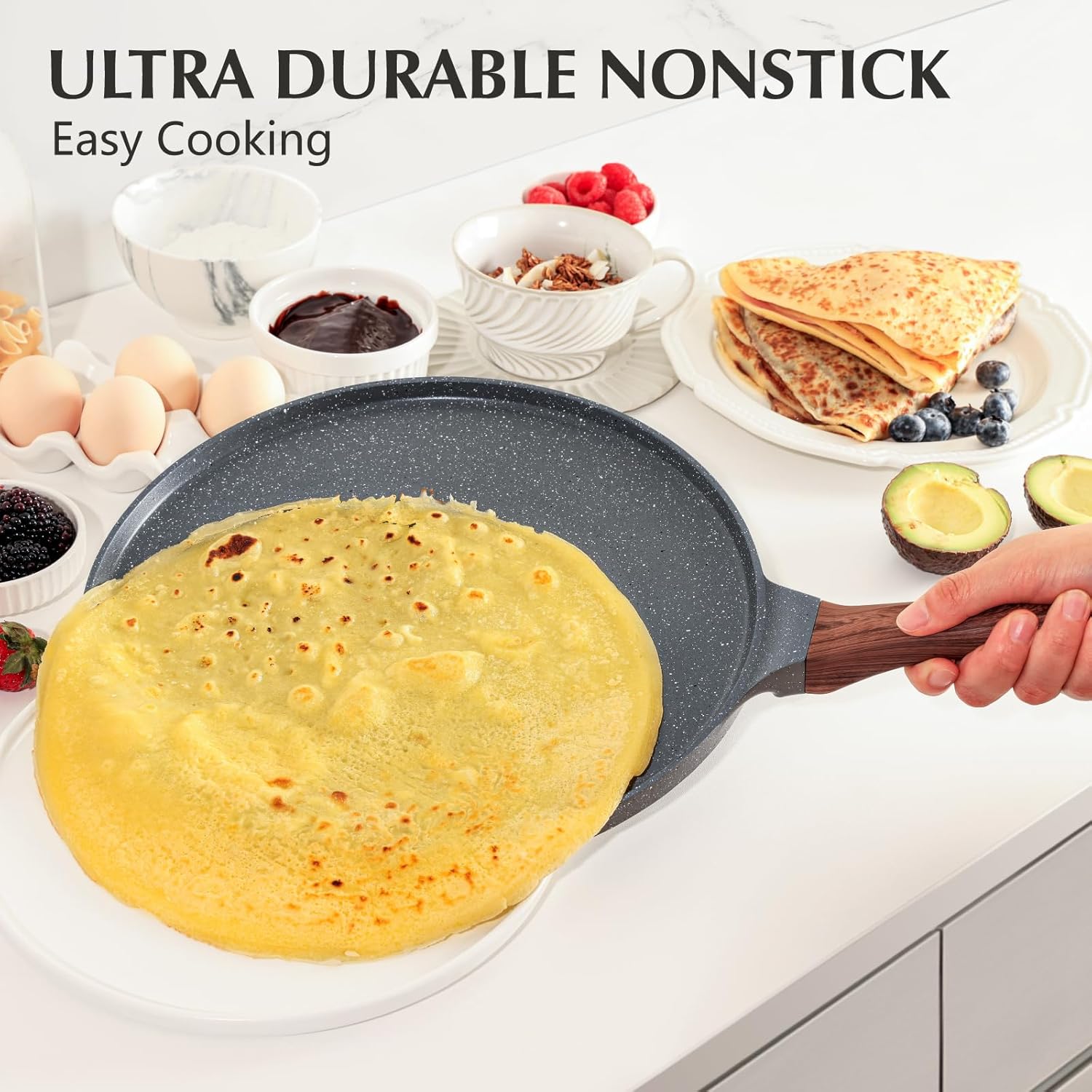 Nonstick Crepe Pan, Swiss Granite Coating Dosa Pan Pancake Flat Skillet Tawa Griddle 10-Inch with Stay-Cool Handle, Induction Compatible, PFOA Free