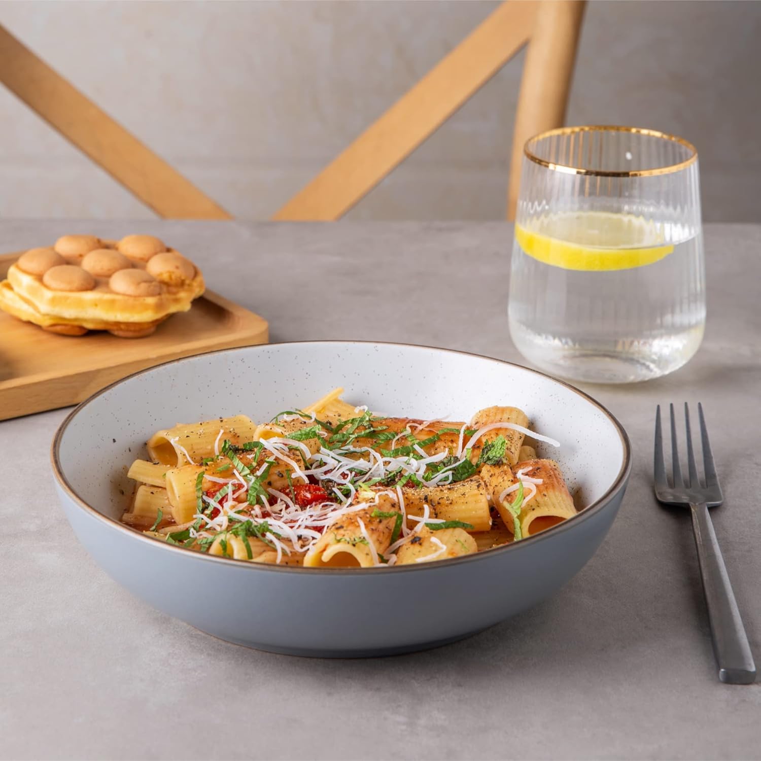 8.5'' Stoneware Pasta Bowls, 32oz Large Speckled Bowls Set of 4 for Kitchen, Wide & Flat Bowls for Pasta,Salad,Oatmeal, Microwave&Dishwasher Safe, Matte Gray