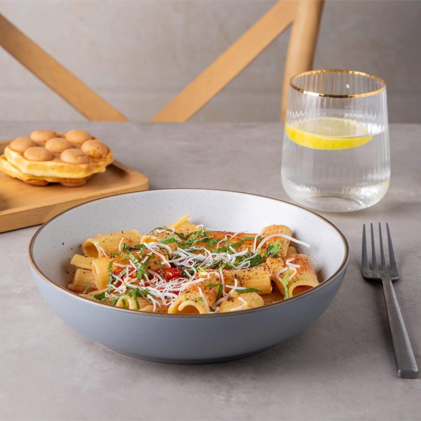 8.5'' Stoneware Pasta Bowls, 32oz Large Speckled Bowls Set of 4 for Kitchen, Wide & Flat Bowls for Pasta,Salad,Oatmeal, Microwave&Dishwasher Safe, Matte Gray