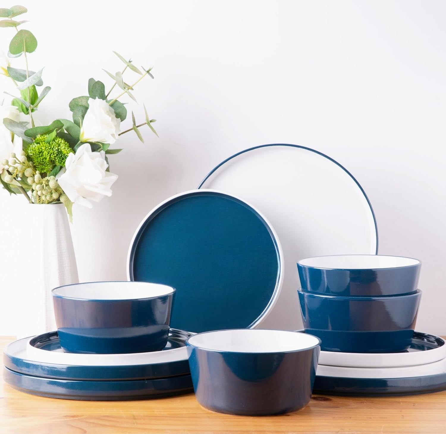 Dinnerware Sets for 4, 12 Piece Stoneware Plates and Bowls Set, Chip and Crack Resistant Plates Set, Dishwasher & Microwave Safe Ceramic Dishes Set - (Blue and White, Service for 4)