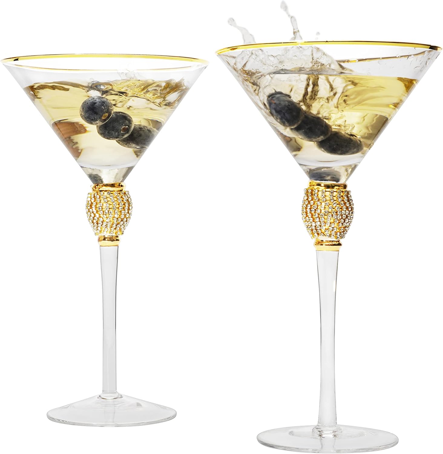 Diamond Collection 2 Piece Stemmed Martini Set - Rhinestone For Drinking Martinis , Manhattans, Vodka, Gin, Cocktails Gold Accent Cocktail Glasses