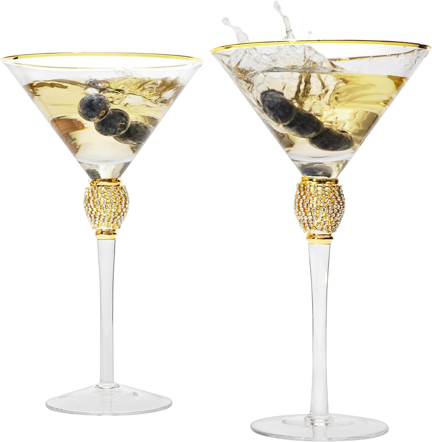 Diamond Collection 2 Piece Stemmed Martini Set - Rhinestone For Drinking Martinis , Manhattans, Vodka, Gin, Cocktails Gold Accent Cocktail Glasses