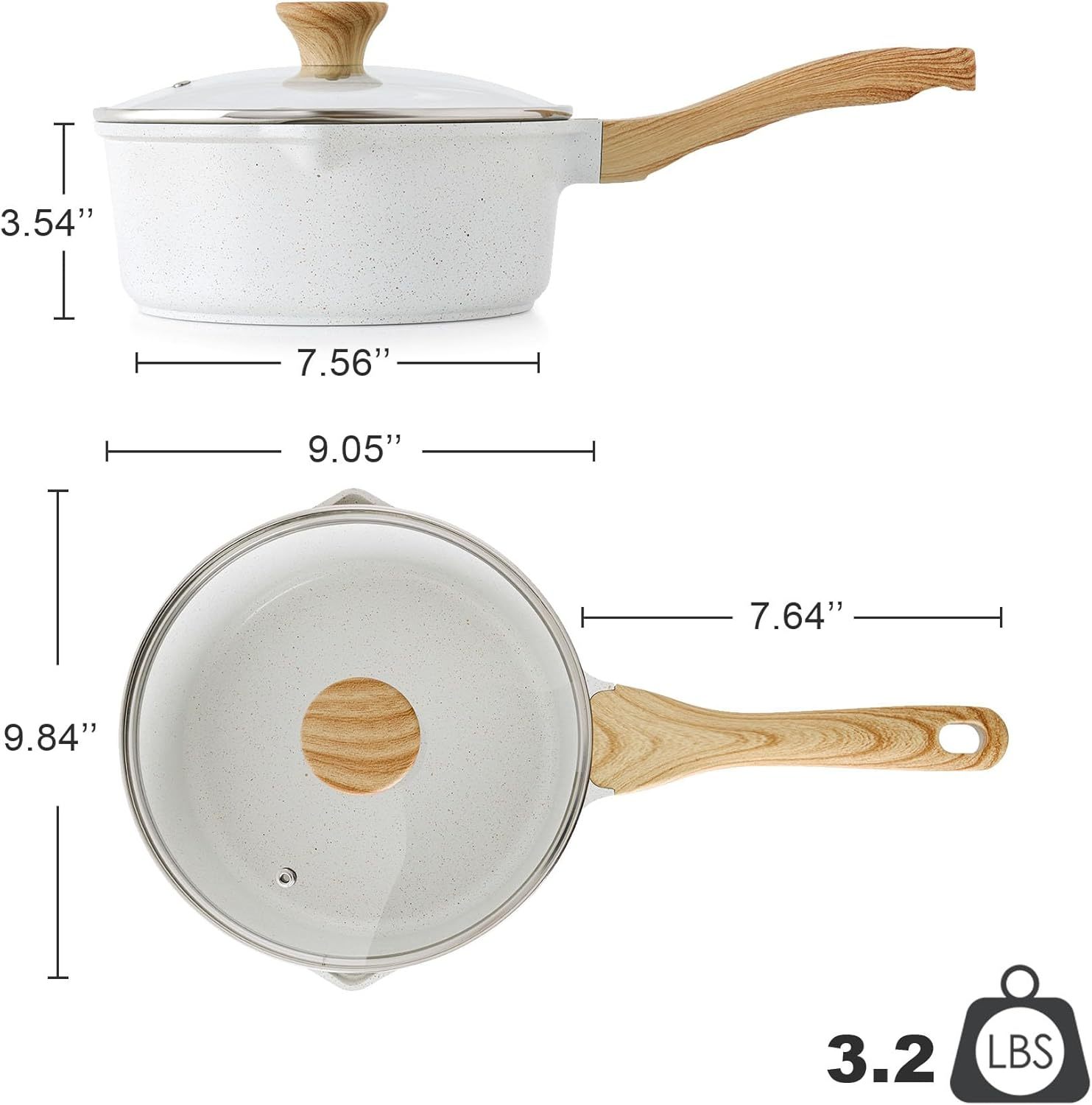 White Ceramic Nonstick Saucepan with Double Spout 3.0 Quarts, Medium Cooking Pot with Stay Cool Handle, Induction Compatible Saucepot with Lid, White Granite Coating, PFOA/PFAS Free