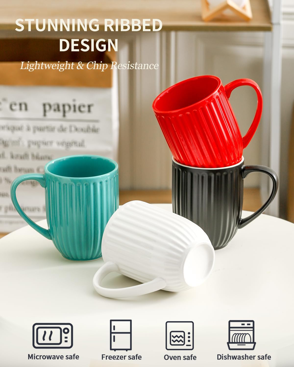 Porcelain Coffee Mugs, 16 Oz Large Ceramic Ribbed Coffee Cups with Big Handle, Modern Tea Cups Set of 4 for Coffee and Cocoa, Wedding, Housewarming Gift