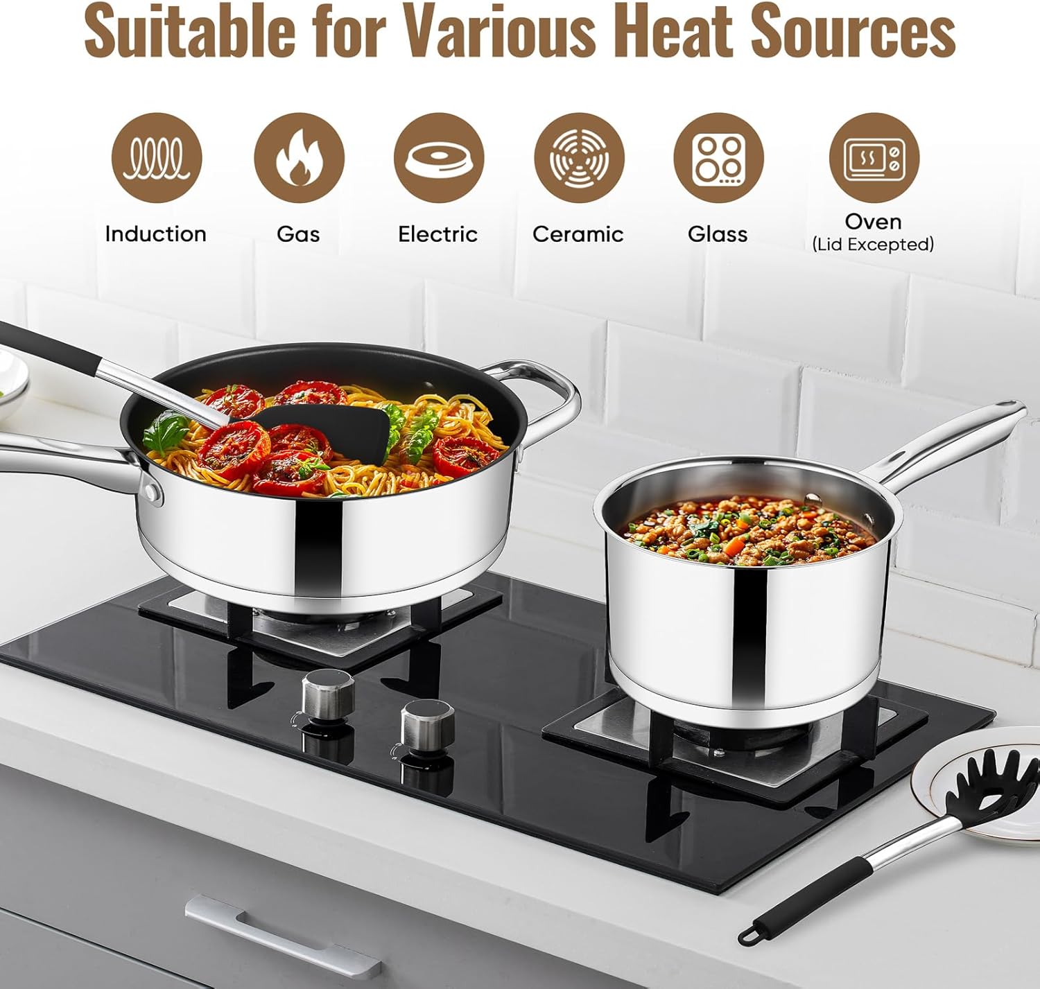 10-Piece Stainless Steel Cookware, Kitchen Cooking Pots and Pans Set w/Stock Pot Saucepan Sauté Pan Frying Pans 6PCS Silicone Cooking Utensils, Induction, Oven, Dishwasher Safe