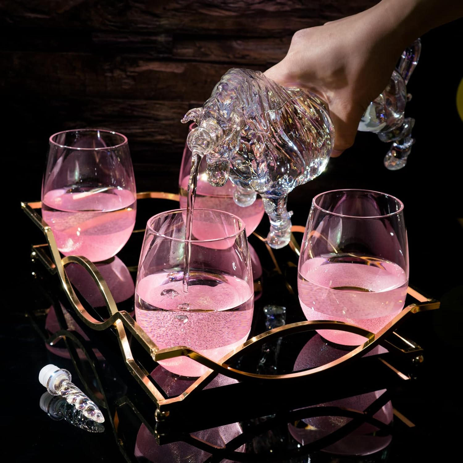 Iridescent Unicorn Wine Whiskey Decanter Set 750ml With 4 Pink Sparkle Glasses for Wine, Whiskey, Scotch, Tequila or Any Drink