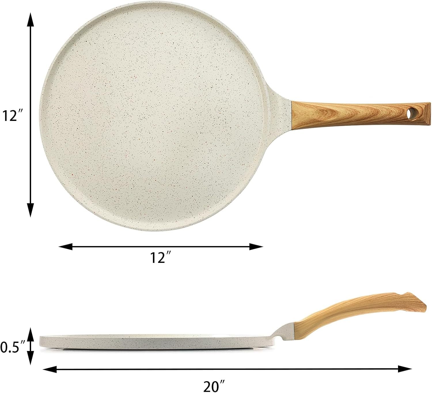 Nonstick Crepe Pan with Spreader, 12-Inch Natural Ceramic Coating Dosa Pan Pancake Flat Skillet Tawa Griddle with Stay-Cool Handle, Induction Compatible, PFOA Free (White)