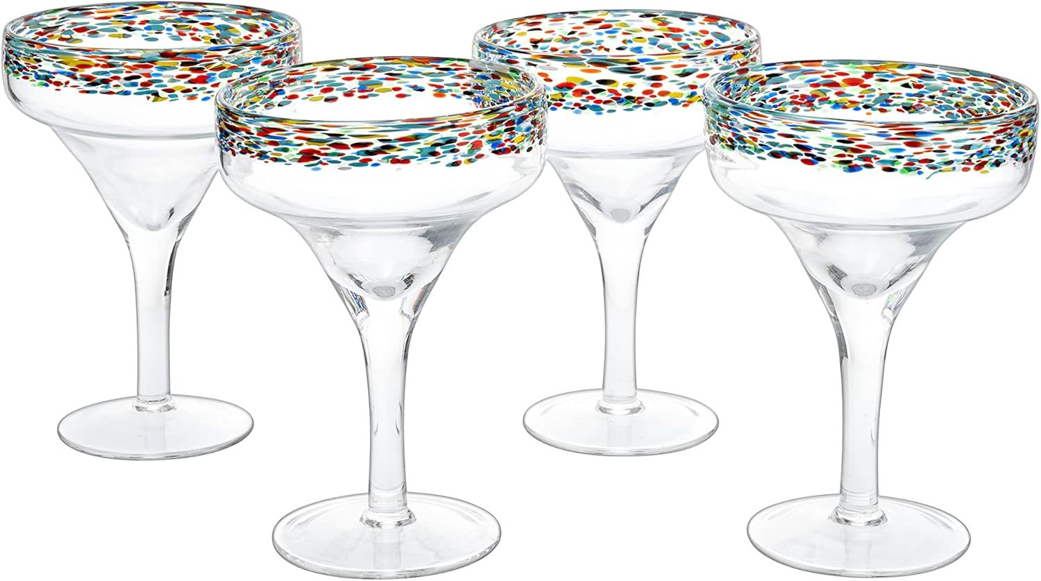 Margarita Glasses – Set of 4 - Luxury Hand Blown Confetti Margaritas, Cocktails, Water, Wine, Dessert, Martini & Champagne Cinco de Mayo