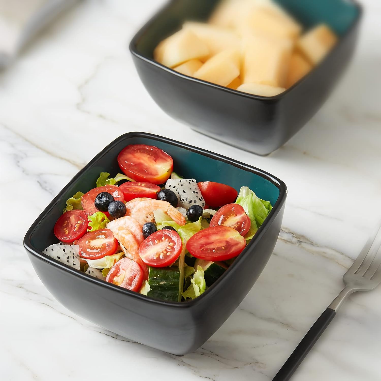 32oz Square Cereal Soup Bowls, Stoneware Bowls Set of 4 for Kitchen, Large Bowls for Cereal,Soup,Salad,Meal, Microwave & Dishwasher Safe-Colorful Inside