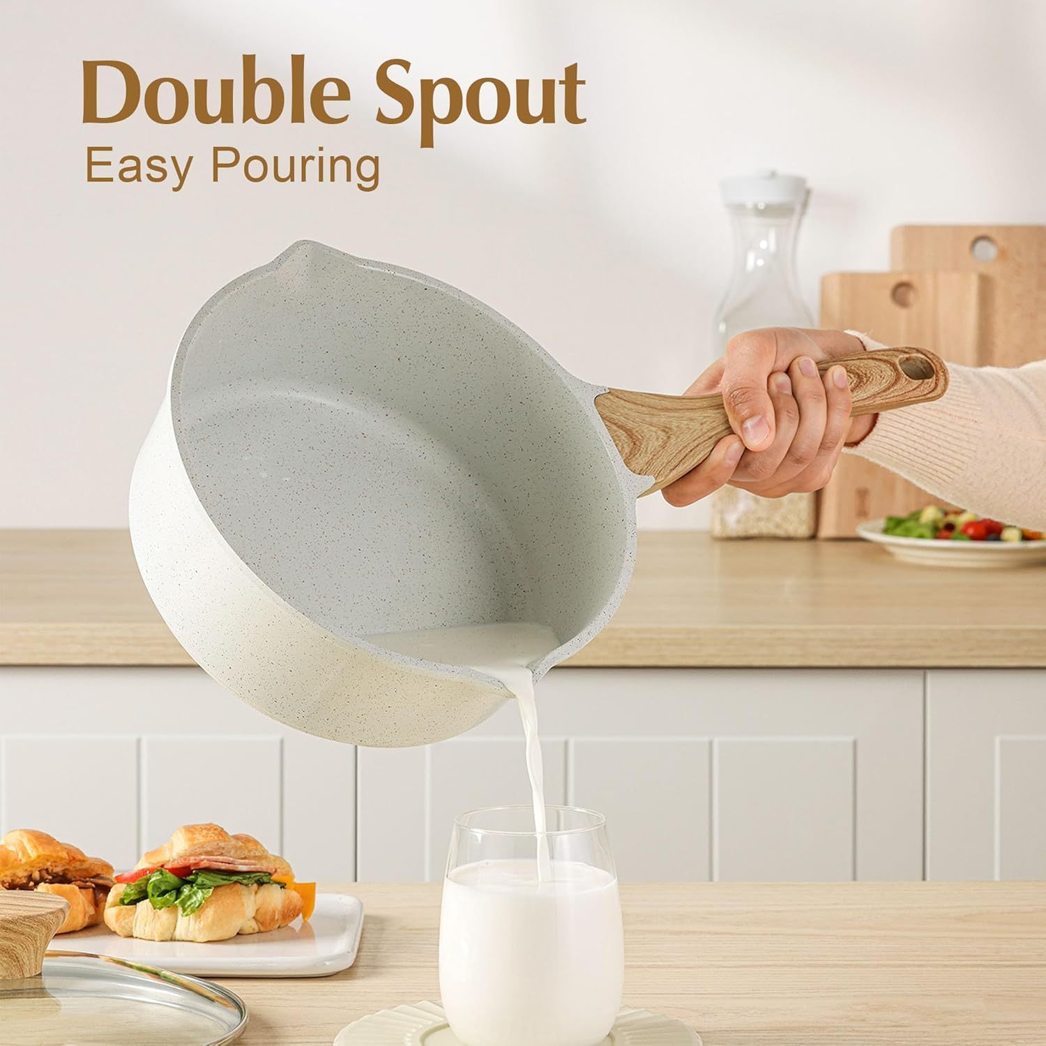 White Ceramic Nonstick Saucepan with Double Spout 3.0 Quarts, Medium Cooking Pot with Stay Cool Handle, Induction Compatible Saucepot with Lid, White Granite Coating, PFOA/PFAS Free