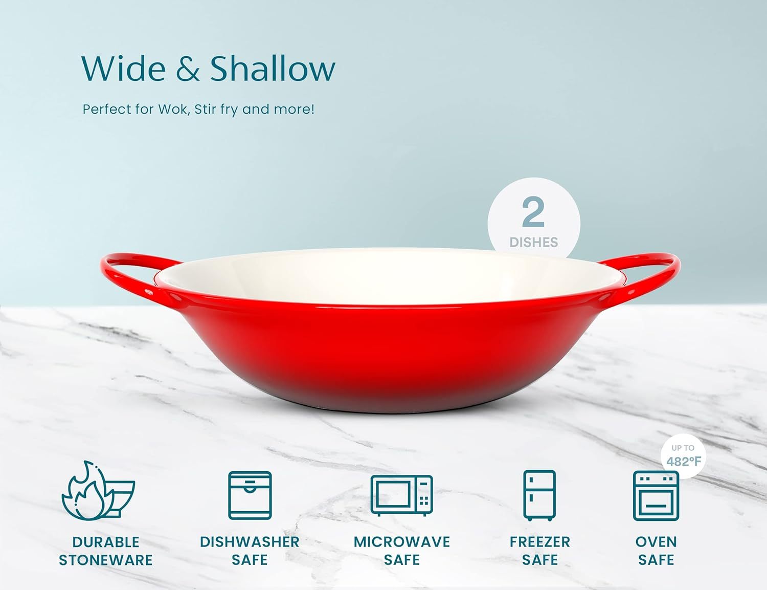 Stir Fry Bowl, Wok Dish, Classic Thai, Ceramic Mini Wok, Stoneware Serving Bowls, For Soups and Pastas, Oven, Dishwasher and Microwave Safe, Cherry Red, 40 oz, Set of 2