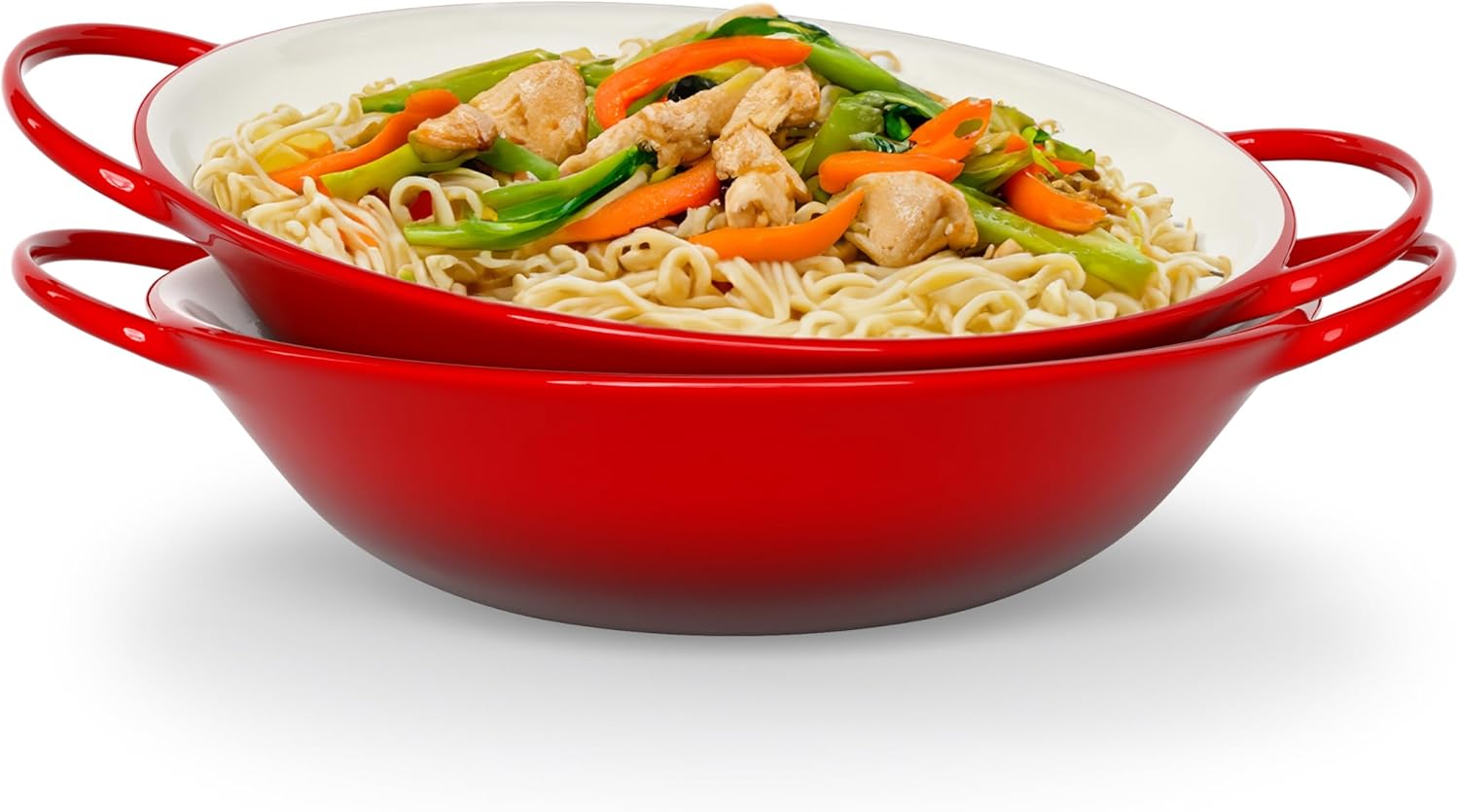 Stir Fry Bowl, Wok Dish, Classic Thai, Ceramic Mini Wok, Stoneware Serving Bowls, For Soups and Pastas, Oven, Dishwasher and Microwave Safe, Cherry Red, 40 oz, Set of 2