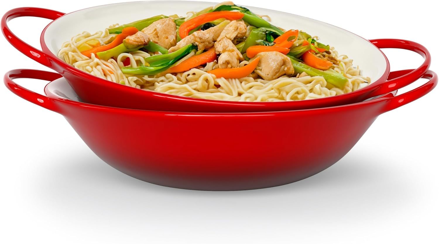 Stir Fry Bowl, Wok Dish, Classic Thai, Ceramic Mini Wok, Stoneware Serving Bowls, For Soups and Pastas, Oven, Dishwasher and Microwave Safe, Cherry Red, 40 oz, Set of 2