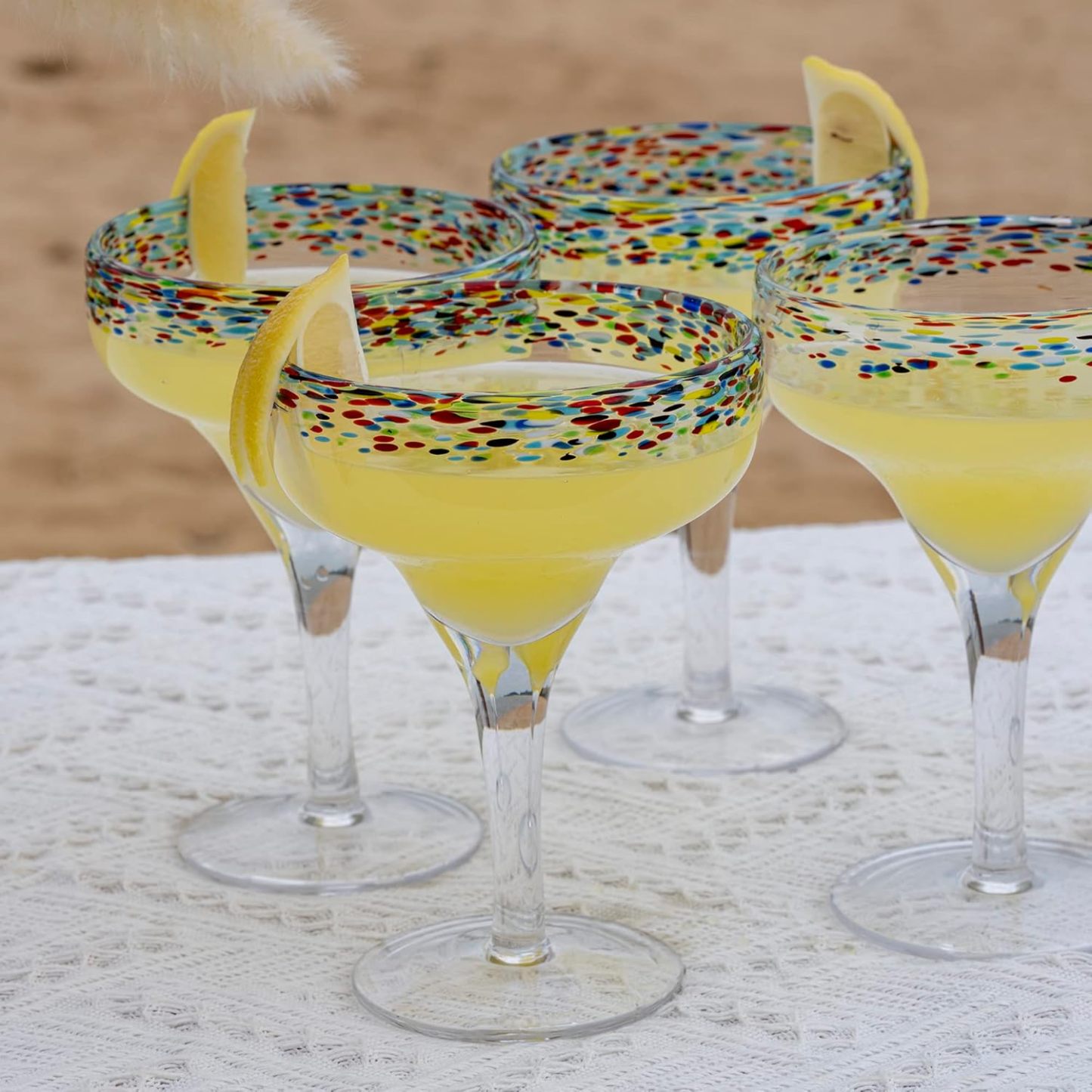 Margarita Glasses – Set of 4 - Luxury Hand Blown Confetti Margaritas, Cocktails, Water, Wine, Dessert, Martini & Champagne Cinco de Mayo